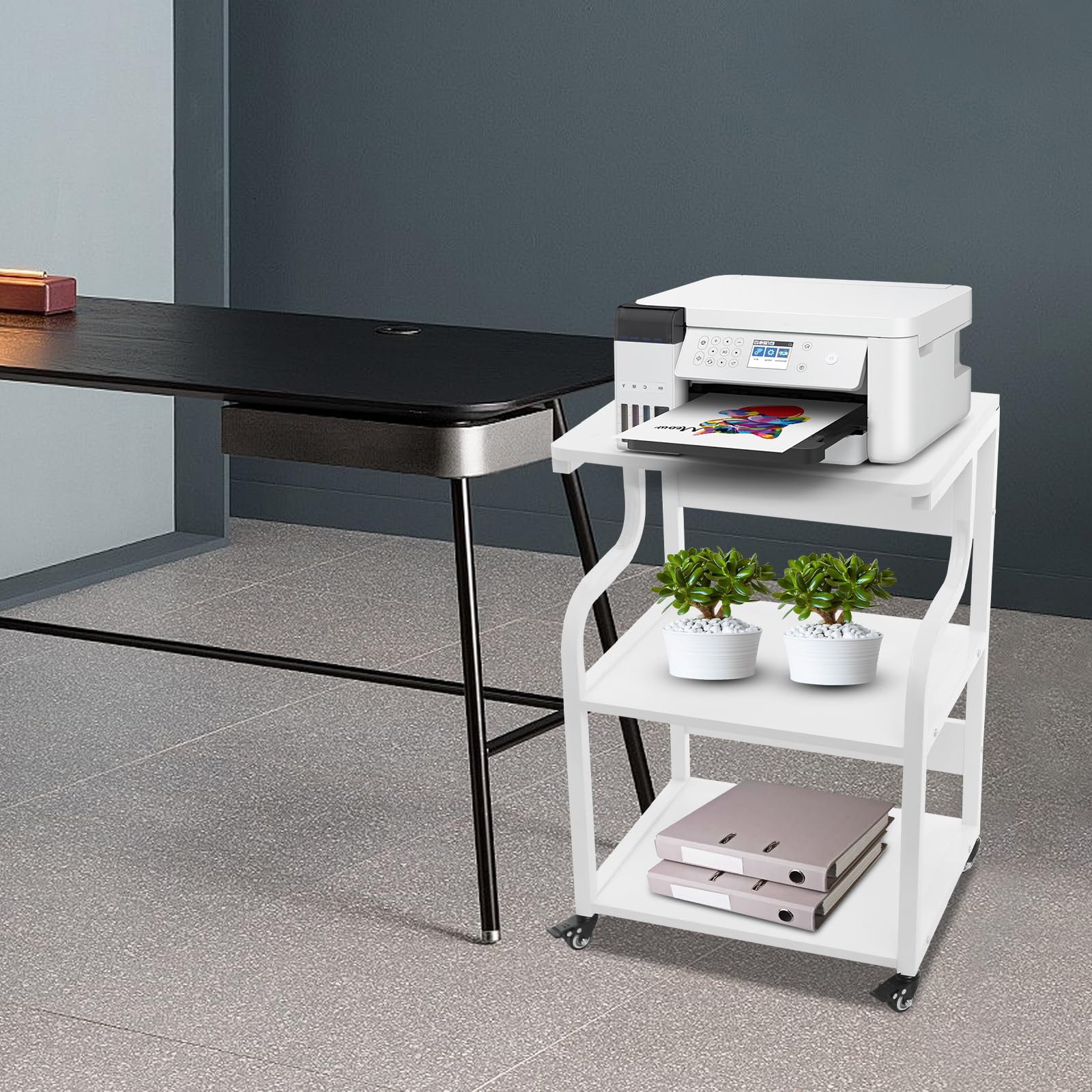Tavolo per stampante a 3 livelli con ruote universali, 50 x 40 x 74,5 cm, in metallo, oltre 80 kg, per uffici domestici, uffici aziendali, sale di studio, spazi di stampa
