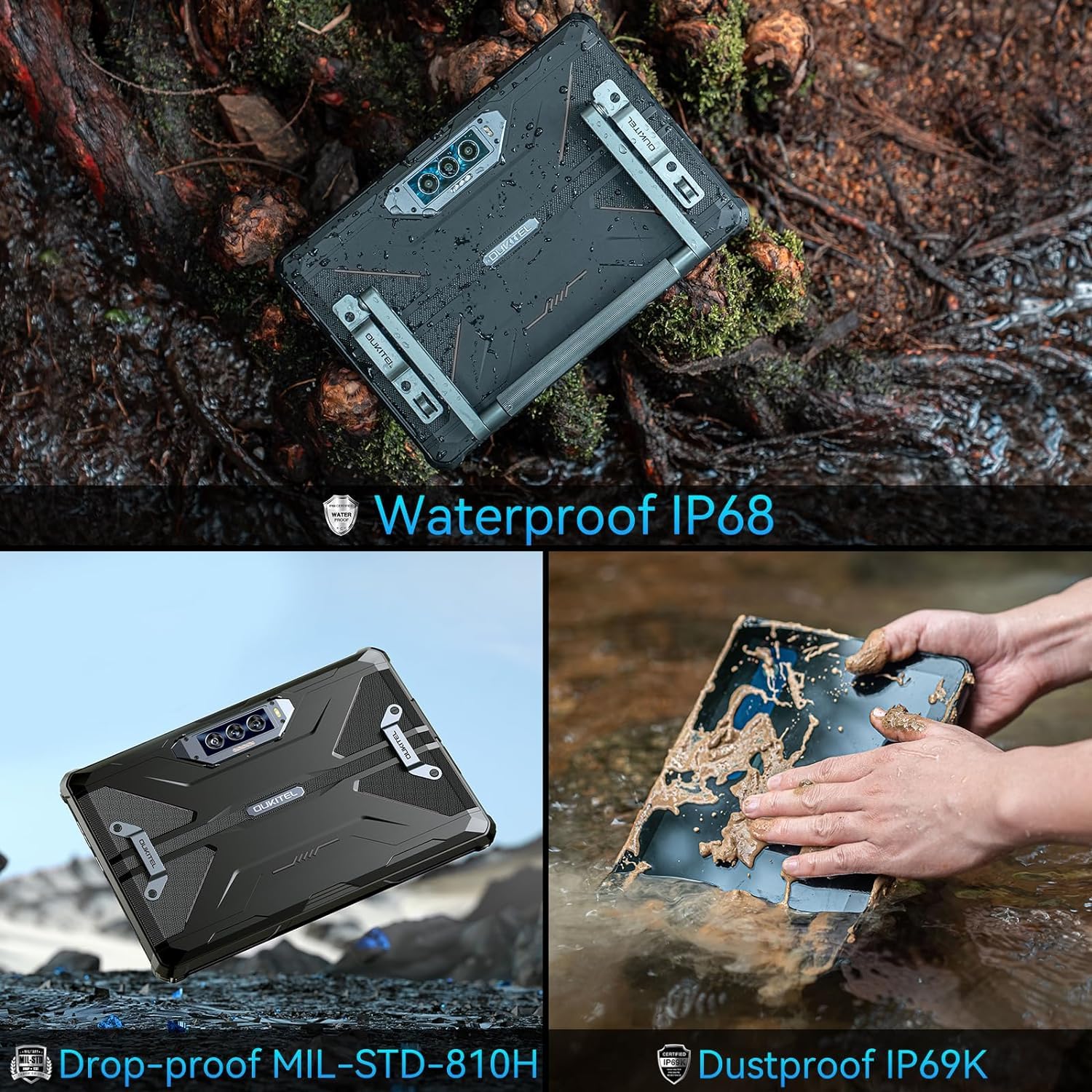 OBA Oukitel RT7 5G Tablet PC Rugged – akumulator 32000 mAh, 24 (12 + 12) GB + 256 GB, z systemem Android 13 MT6853, 48 MP + 32 MP, 10,1 cala FHD+, Dual 5G LTE/OTG/GPS/Face ID, czarny