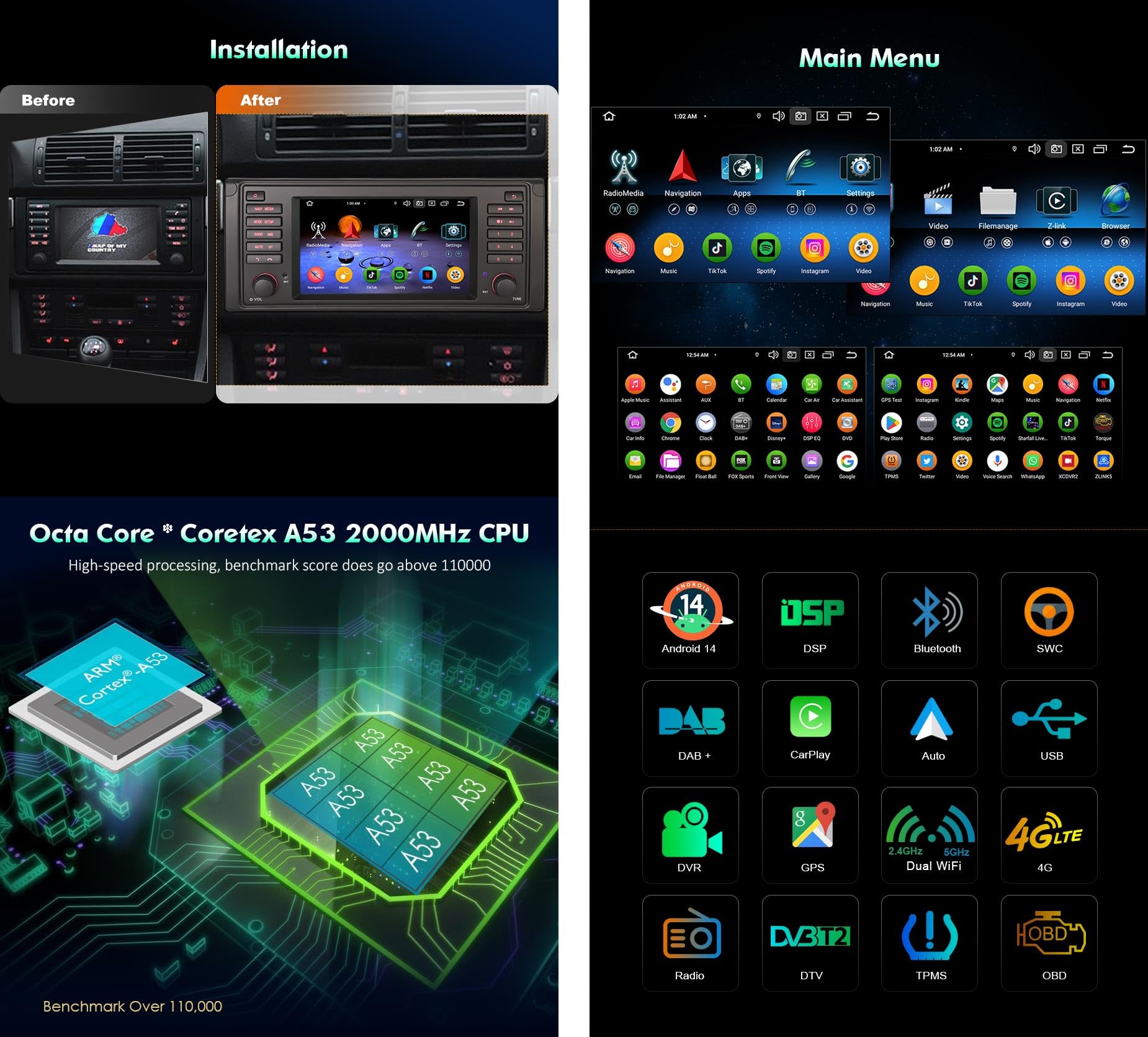 erisin Android 16 [4+64GB] 8 Cœurs Autoradio pour BMW Série 5 E39 M5 Carplay sans Fil Android Auto GPS Navigation DSP Bluetooth 5.0 WiFi SWC Canbus 7 Pouces Écran Tactile