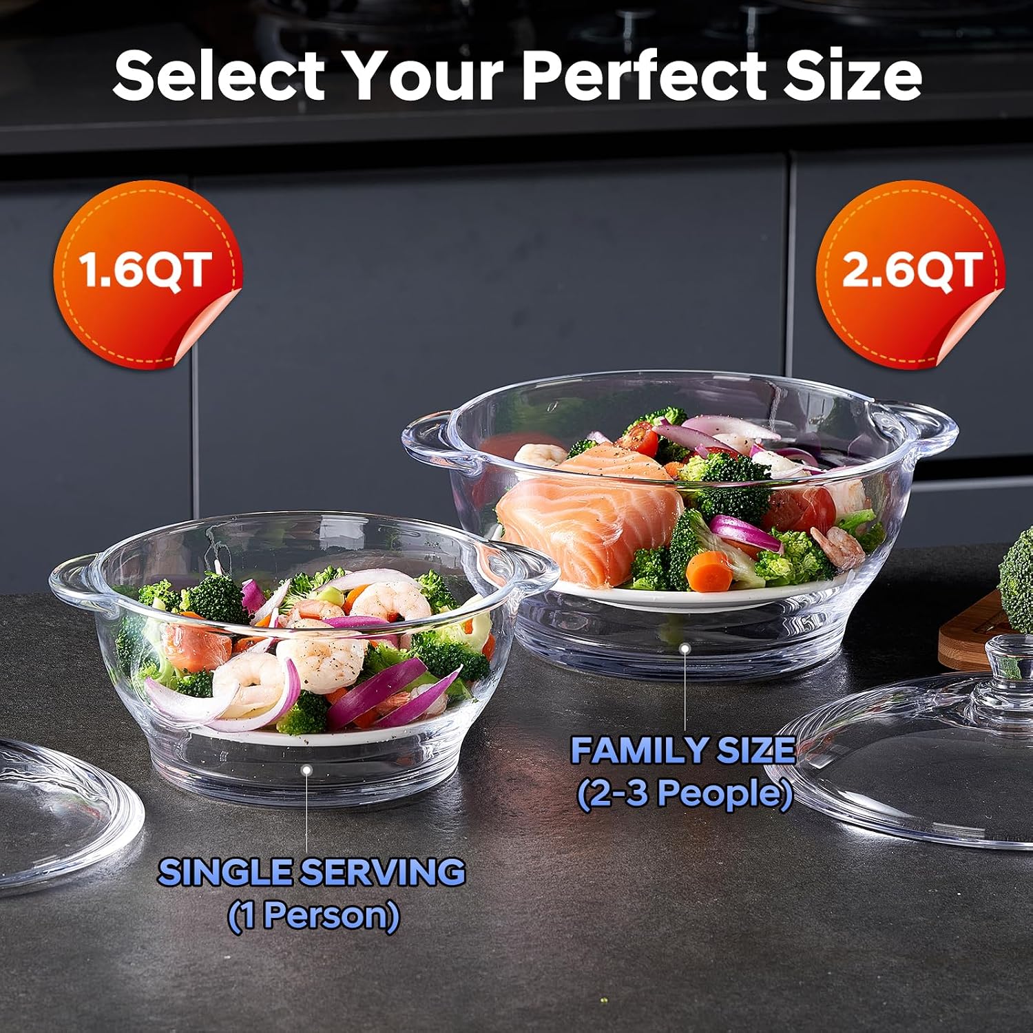 EliteVibe Glass Microwave Steamer with Ceramic Tray, 1.6 Qt Veggie Steamer