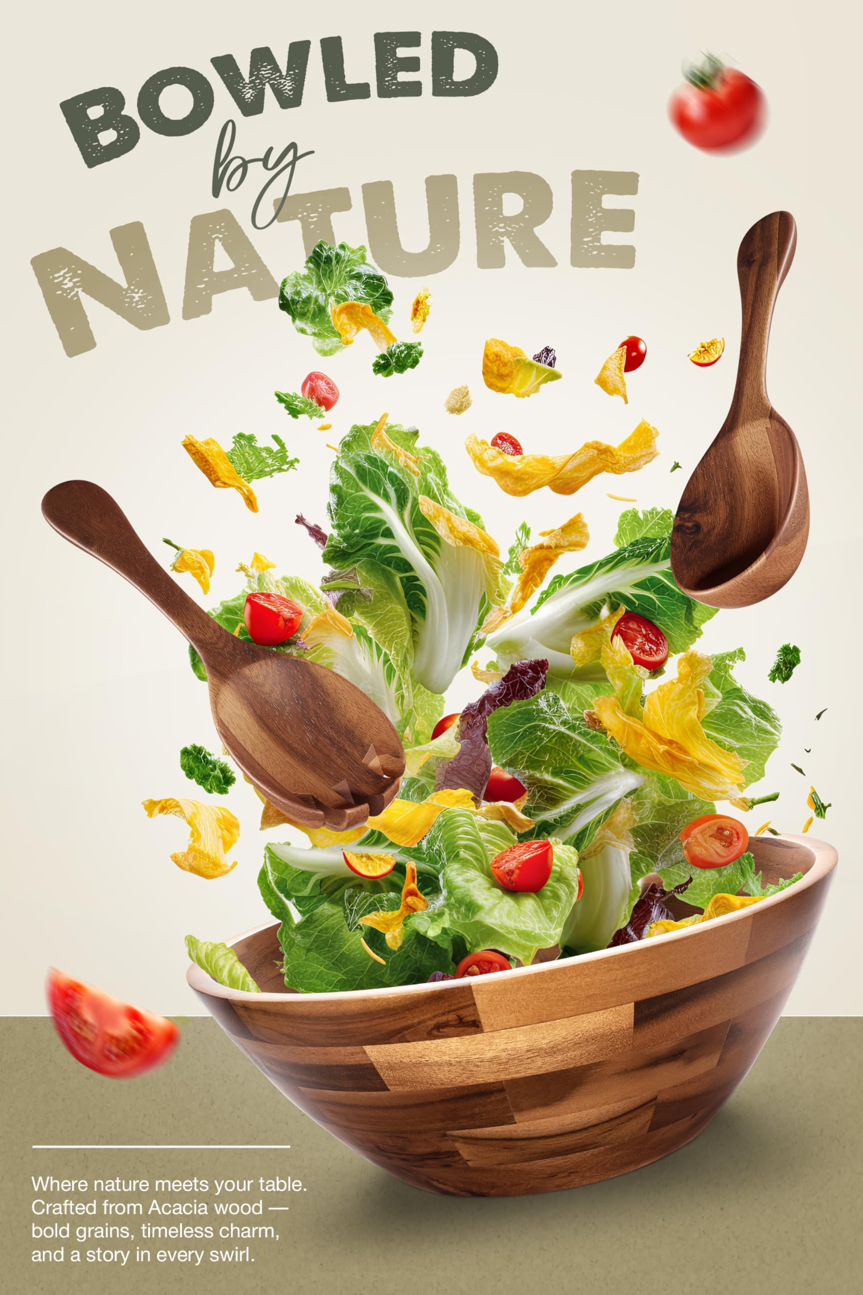 Tidita Acacia Wood Salad Bowl Set with Spoon, Fork - Large Salad Bowl with Serving Utensils - Big Mixing Bowl for Fruits, Salad, Pasta (12.2