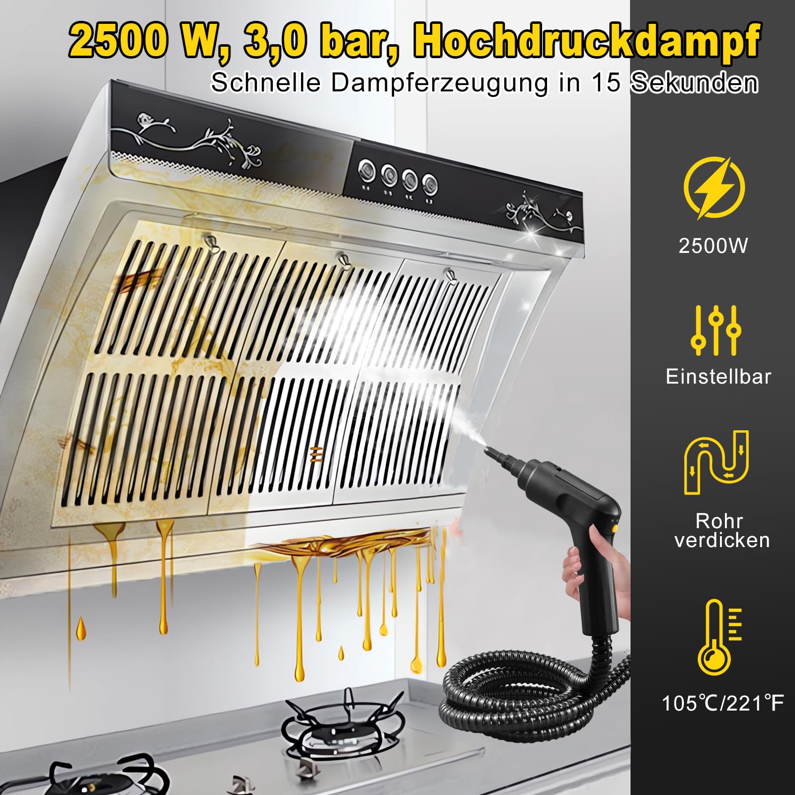 Handdampfreiniger mit 1600ML Wassertank Griff dreistufige Einstellung Hochdruck Klein Tragbarer Dampfreiniger mit 9 Zubehörteilen für Fenster, Küche, Boden, Alles