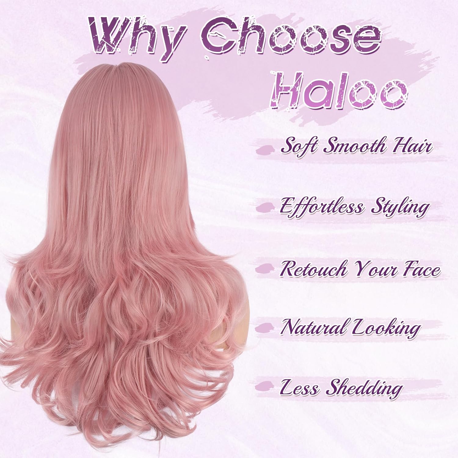 Haloo Pink Wigs with Bangs Long Wavy Layered Haircut Natural Looking Fluffy Synthetic Heat Resistant Hair Wig for Women Daily Party, 24 Inch