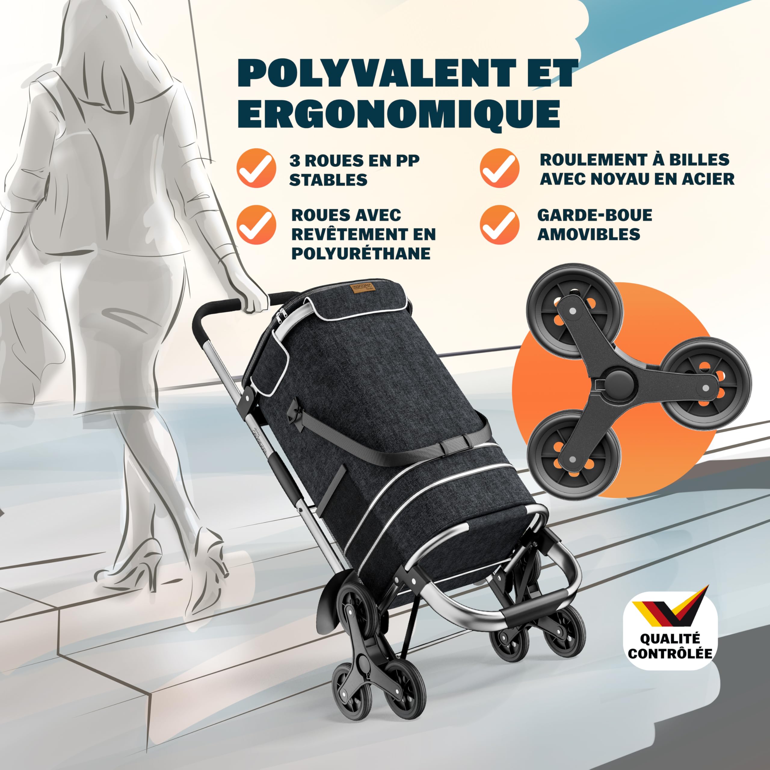 MONZANA® Chariot de courses noir 56 litres 3 en 1 pliable compartiment isotherme 6 roues bandes réfléchissantes