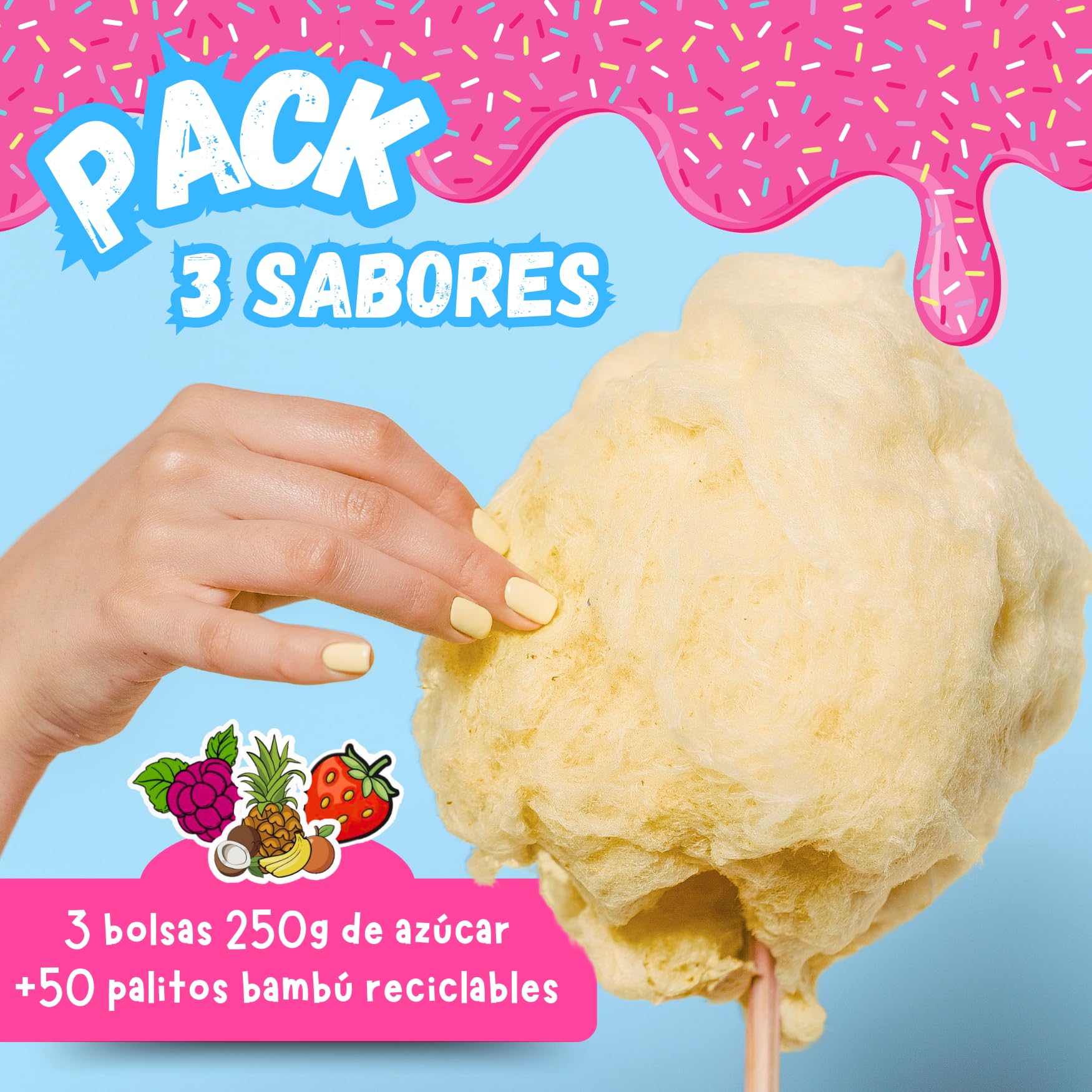 SIDRAL - Sucre Barbe à Papa pour machine - Arômes et Colorants Naturels - Lot de 3 x 250GR (Fraise - Framboise - Tropicale) poudre barbapapa + 50 Bâtonnets recyclables pour dégustation