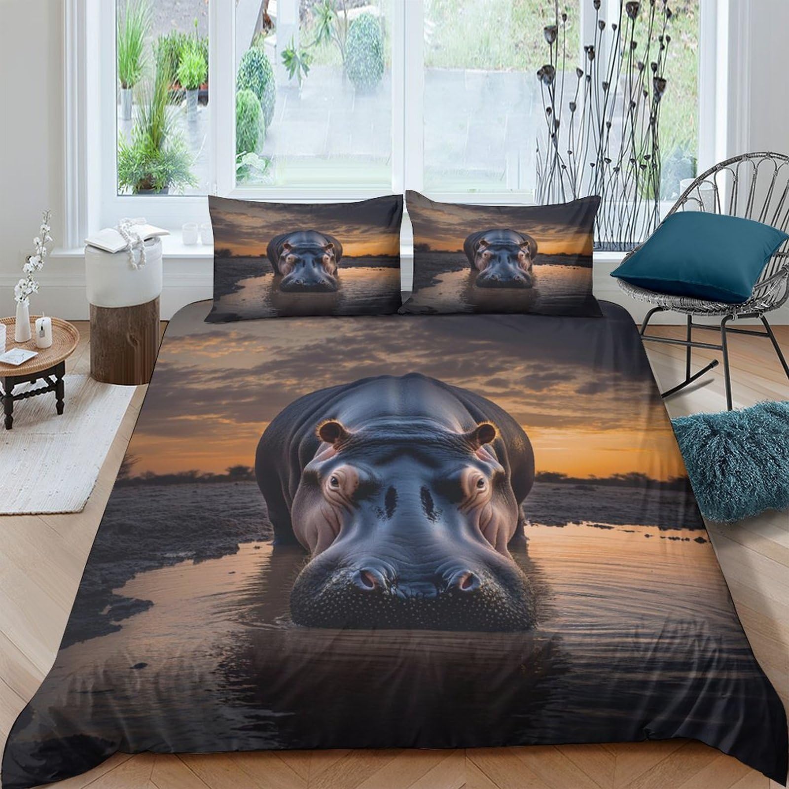 Ctjqhvkz Style-8 3D Printed Hippo Sunset Fitted Sheet Microfiber Soft Animal Bed Cover For Bedroom Dorm Mattress Protection Decor Single（135X200cm）