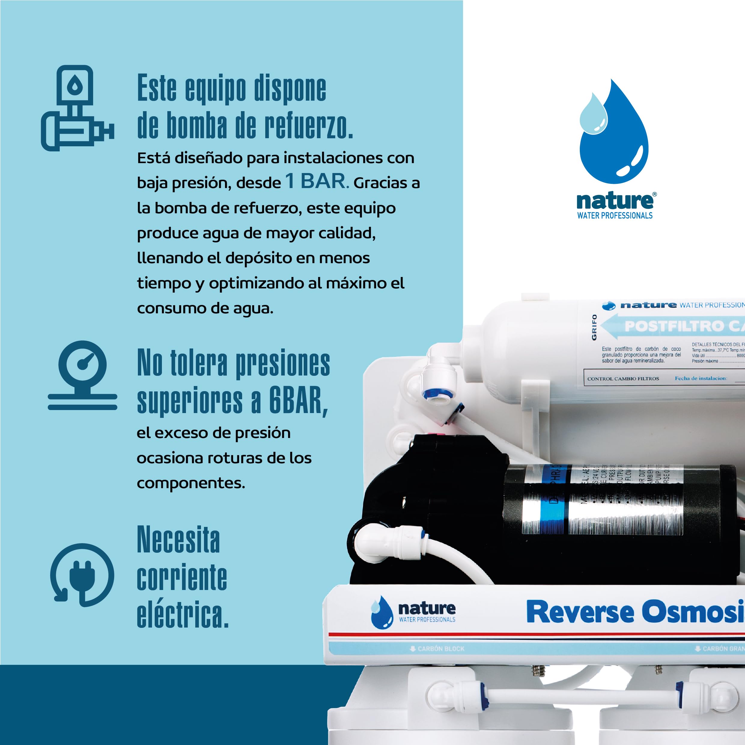 Equipo de Osmosis Inversa - Kit para Osmosis de 5 Etapas - Capacidad para 6 L - Incluye Membrana de 75GPD, Deposito de Agua, Bomba y Filtros - Nature Water Professionals