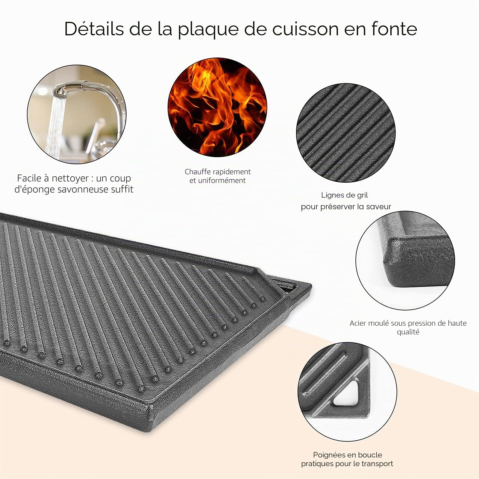 GFTIME Plaques de cuisson en fonte - 41,8 x 24 cm - Pour four, cuisinière et barbecue, barbecue à charbon de bois - Plaque de cuisson réversible 2 en 1-1 paquet