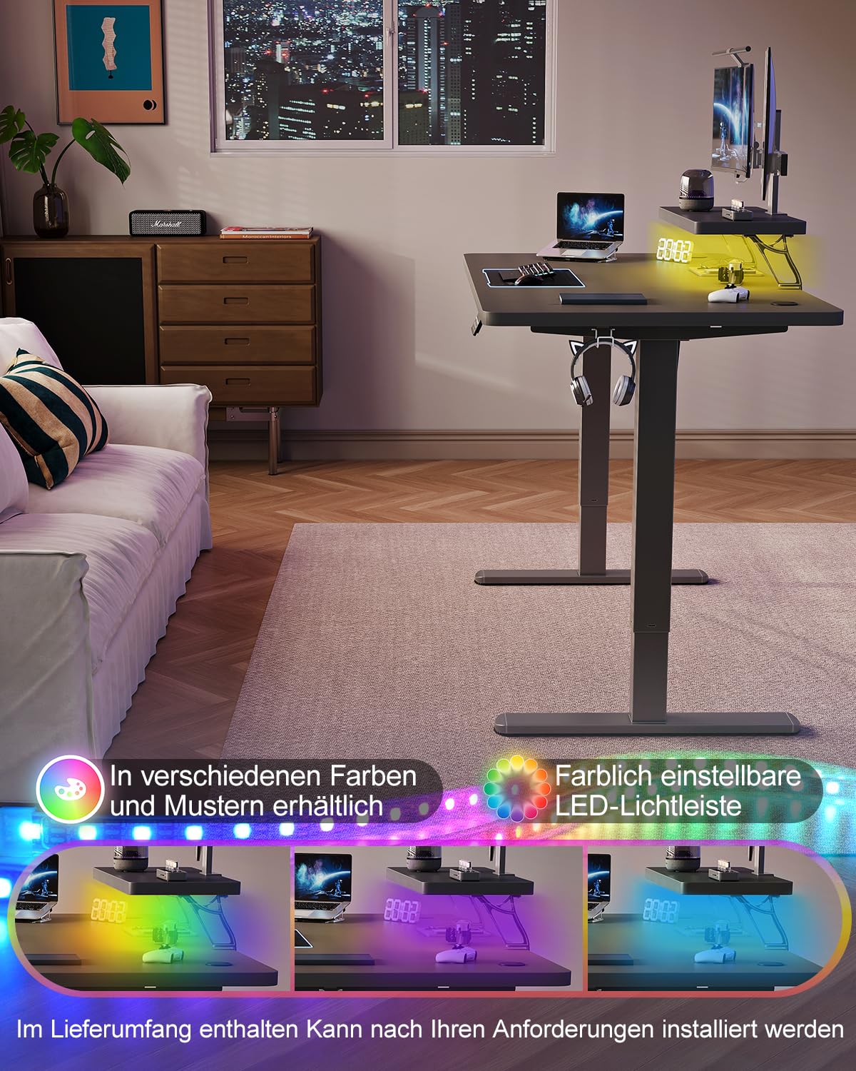 Airfish Höhenverstellbarer Schreibtisch 160 x 70cm mit Monitorständer | Schreibtisch Elektrisch mit LED Beleuchtung,Computertisch für Home Office und Gaming,Schwarz
