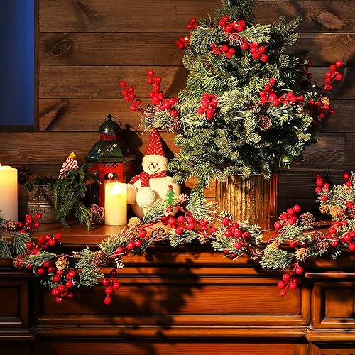 Miniatura 3 de Riceshoot 2 guirnaldas de Navidad en total de 19.68 pies, guirnalda de pino ahumado con cono de pino de bayas rojas, guirnalda verde de Navidad para