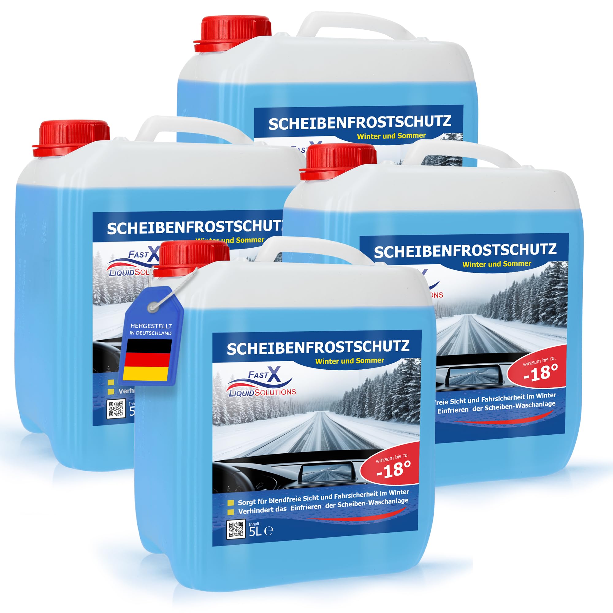 FAST X Scheibenfrostschutz/Scheibenwischwasser für Auto/LKW– 5 Liter Kanister– Winter und Sommer – Schutz bis -18°C (4x5 Liter)