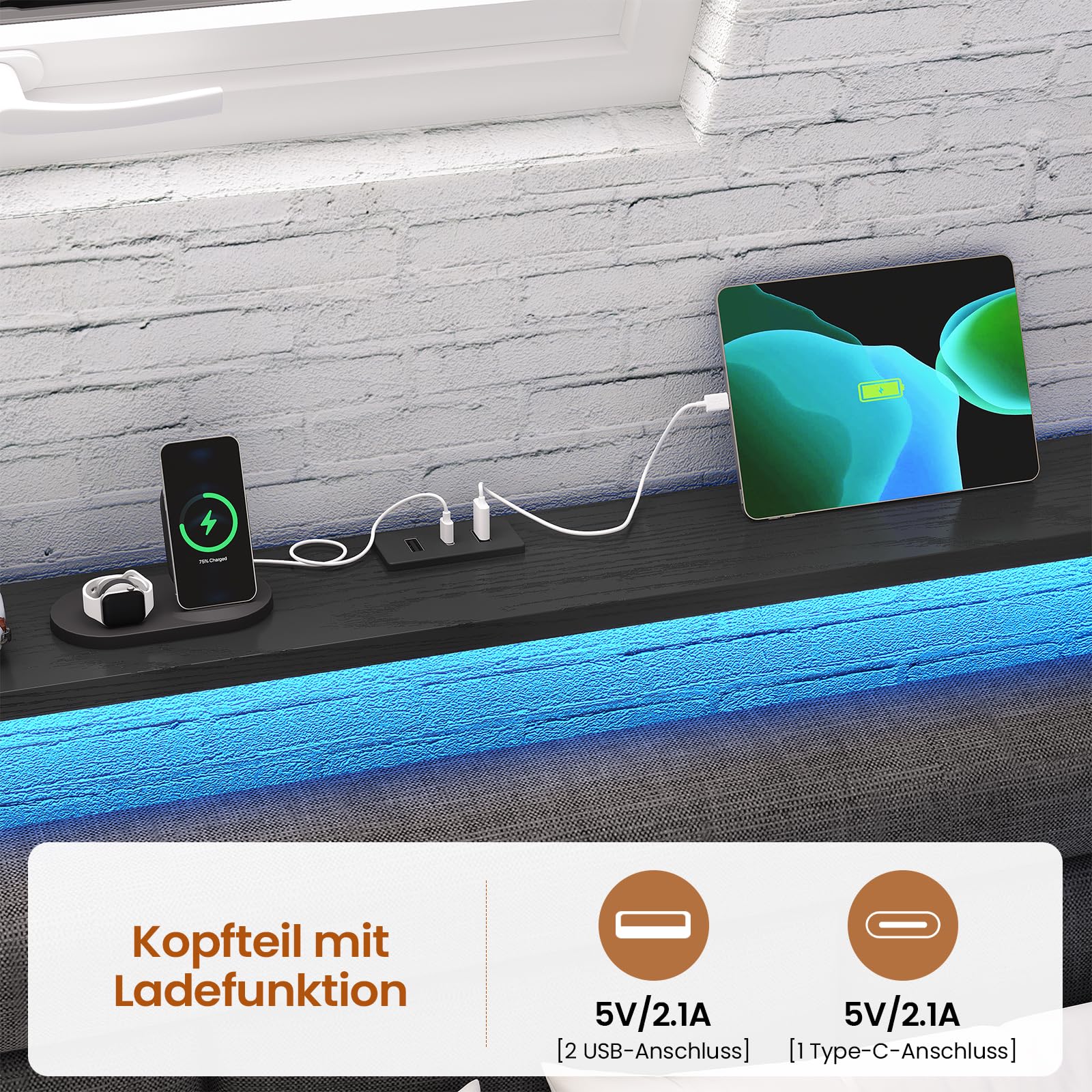 KIMENICH Polsterbett Schlafsofa 90x200 mit LED-Beleuchtung, Ladestation, Tagesbett, Jugendbett mit 2 Schubladen und Lattenrost aus Metall, Gepolstertes Kopfteil mit Offener Ablage, Schwarz