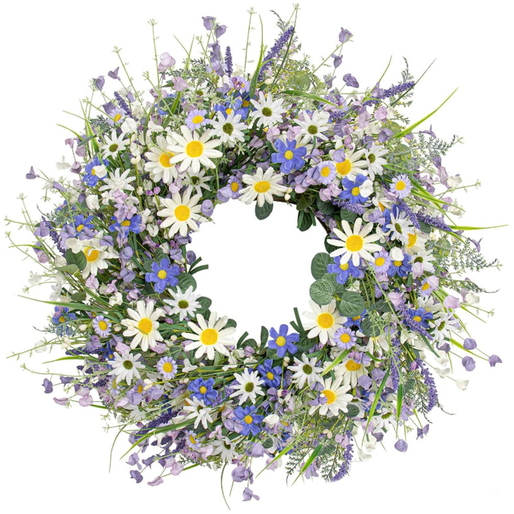 Gänseblümchen-Kranz, Frühlings-Haustürkranz mit Lavendel, 40, 6 cm große Blumenkränze für ganzjährige Heimdekoration, Bauernhaus-Wand- oder Innendekoration, Gänseblümchen