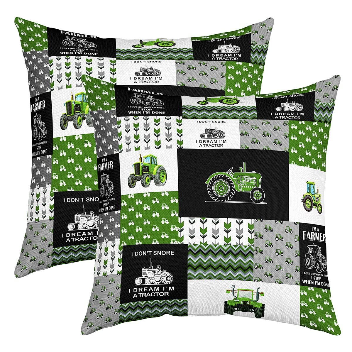 Loussiesd Cartoon Tractor Pillow Covers 20x20 Set of 2 Boys Farm Equipment Trucks Decorative Throw Pillow Covers Cases Home Decor Construction Car Harvester Tractor Green Plaid Cushion Case for Sofa โ image 1