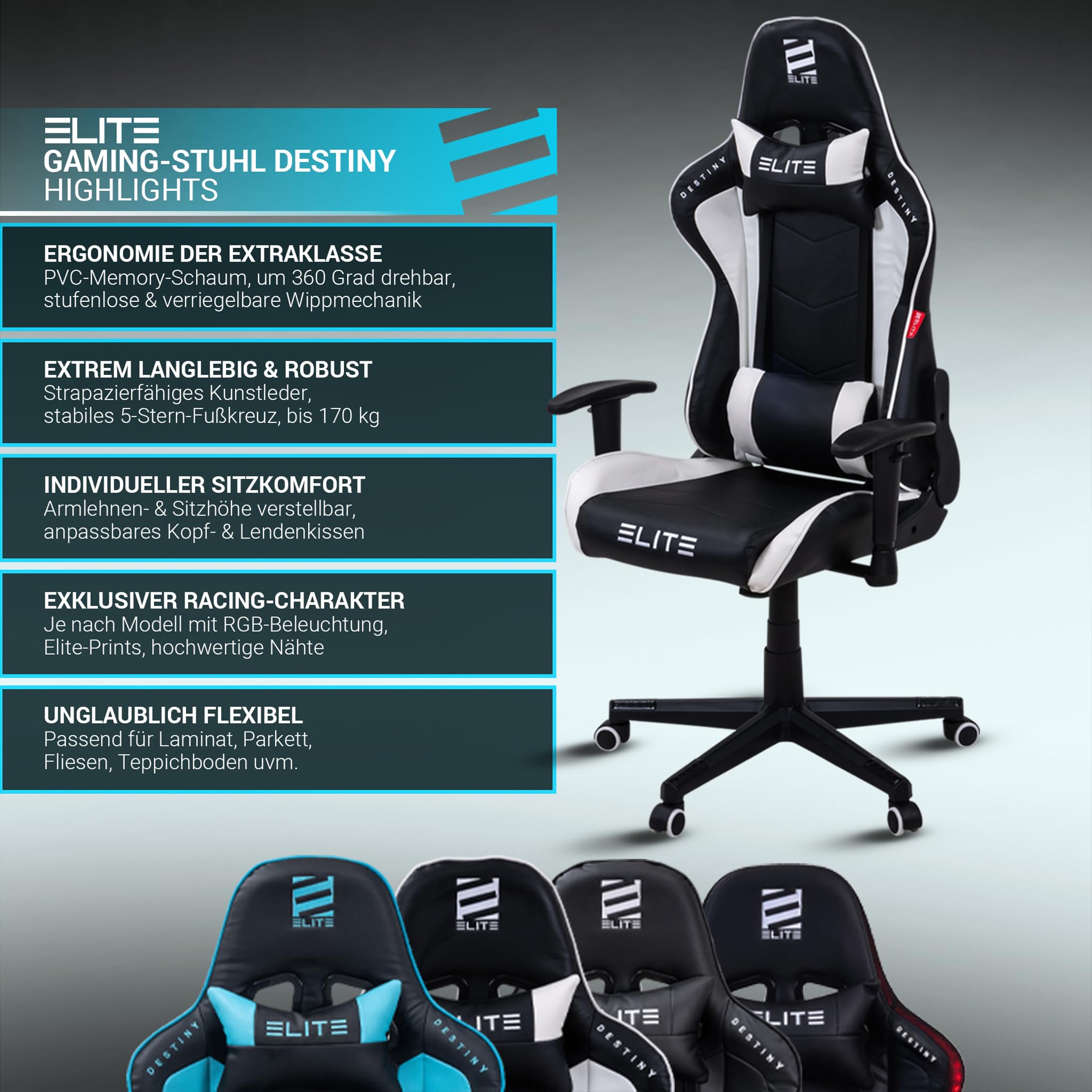 ELITE Gaming Stuhl MG200 Destiny | Ergonomischer Bürostuhl - Schreibtischstuhl - Chefsessel - Sessel - Racing Gaming-Stuhl - Gamingstuhl - Drehstuhl - Chair - Kunstleder Sportsitz (Schwarz/Weiß)