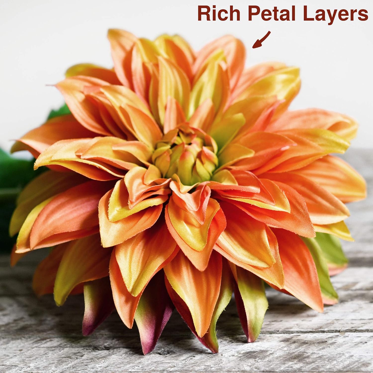 FiveSeasonStuff Artificial Flowers Dahlia Silk Flowers for Outdoors Indoors and Tall Vases 2 Stems (Amber Yellow Autumn Orange)