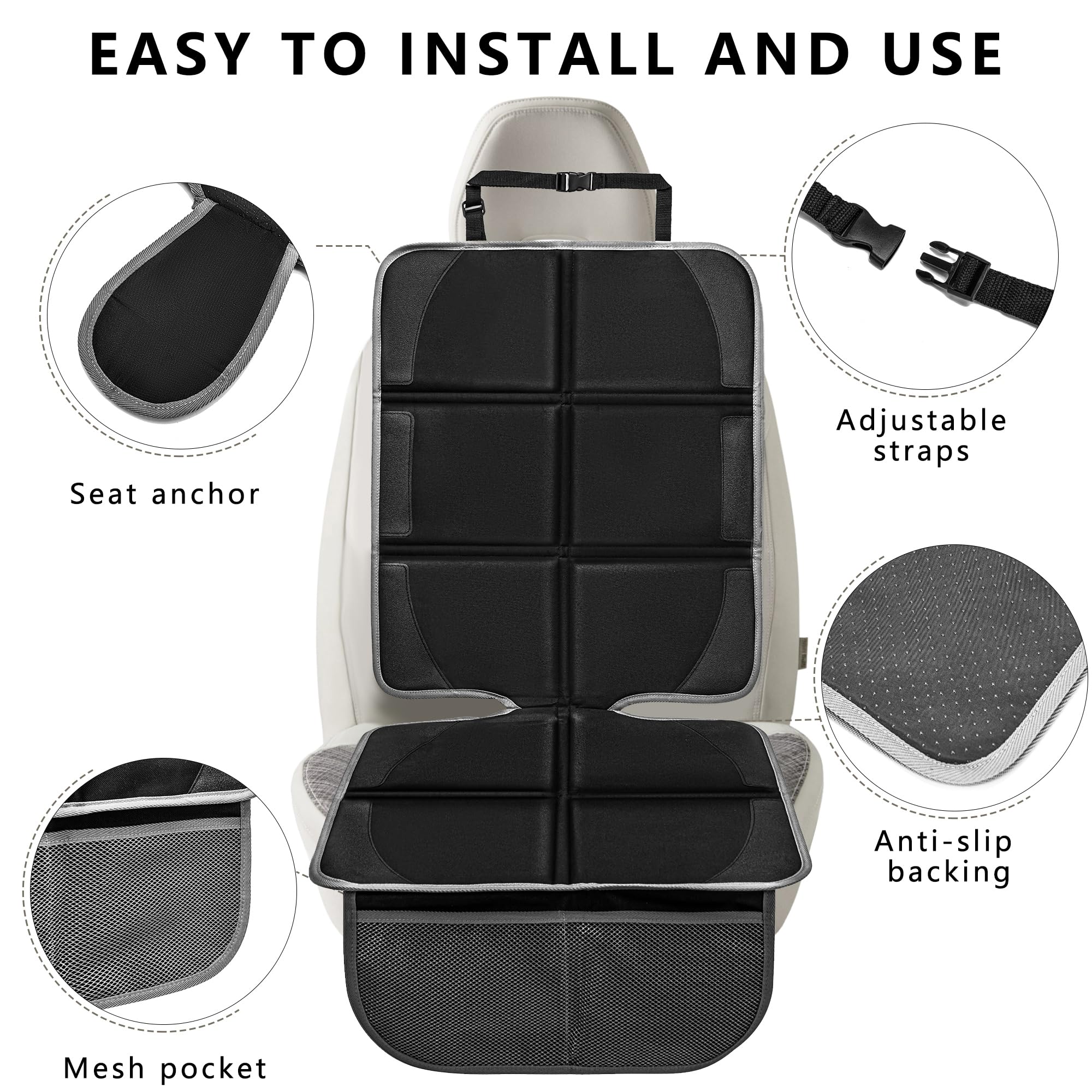 Autositzschoner für Kinderautositz, 2 Stück, Baby-Autositzbezüge mit Netztaschen und rutschfester Unterseite, 600D langlebiger Sitzschutz unter Babyautositz für Auto-Rücksitz (Schwarz & Grau,