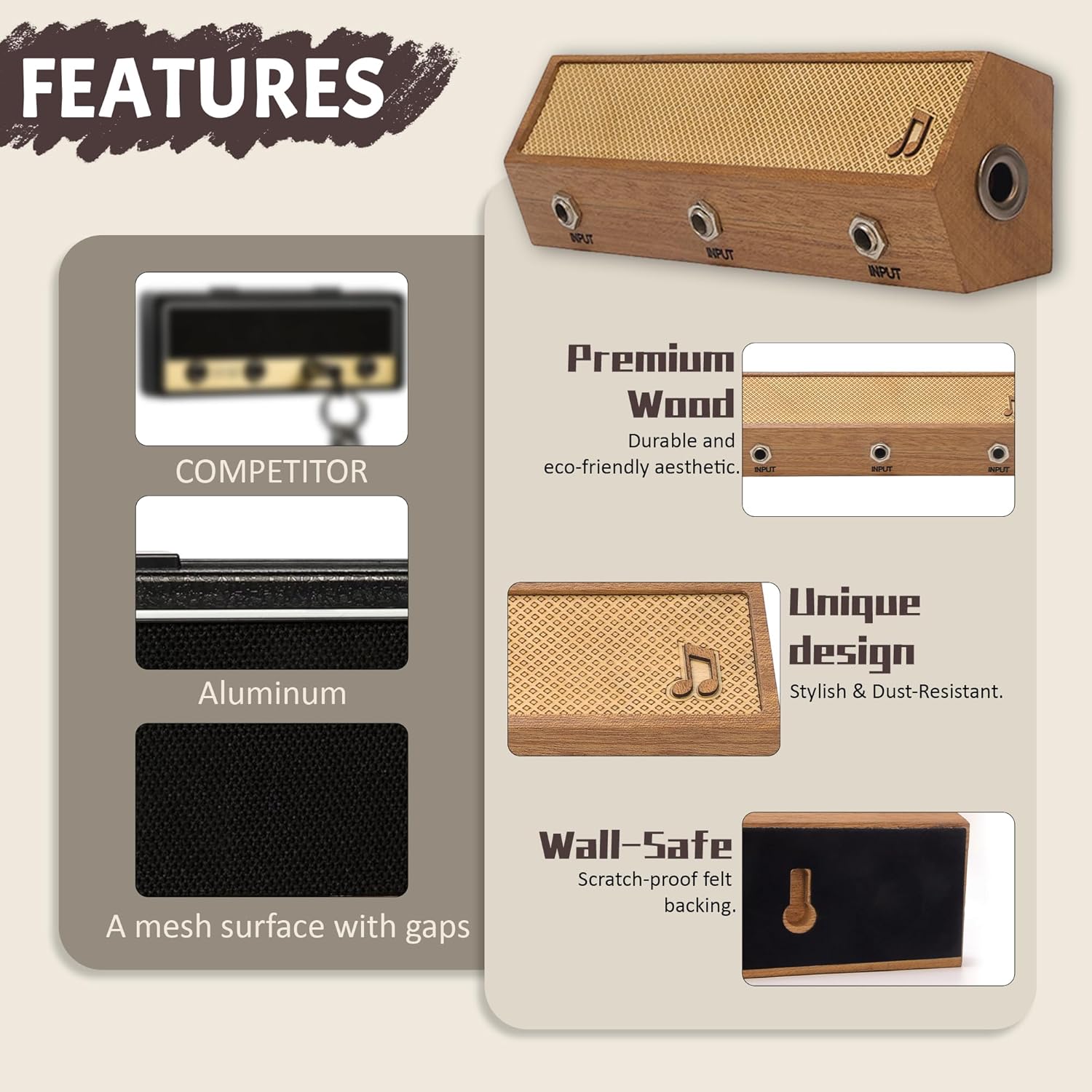 Guitar Amp Key Holder, Solid Wood Guitar Amplifier Styled Key Organizer with 3 Plug-in Keychains, Music Decor Gift for Guitarists Rock Fans Music Lovers