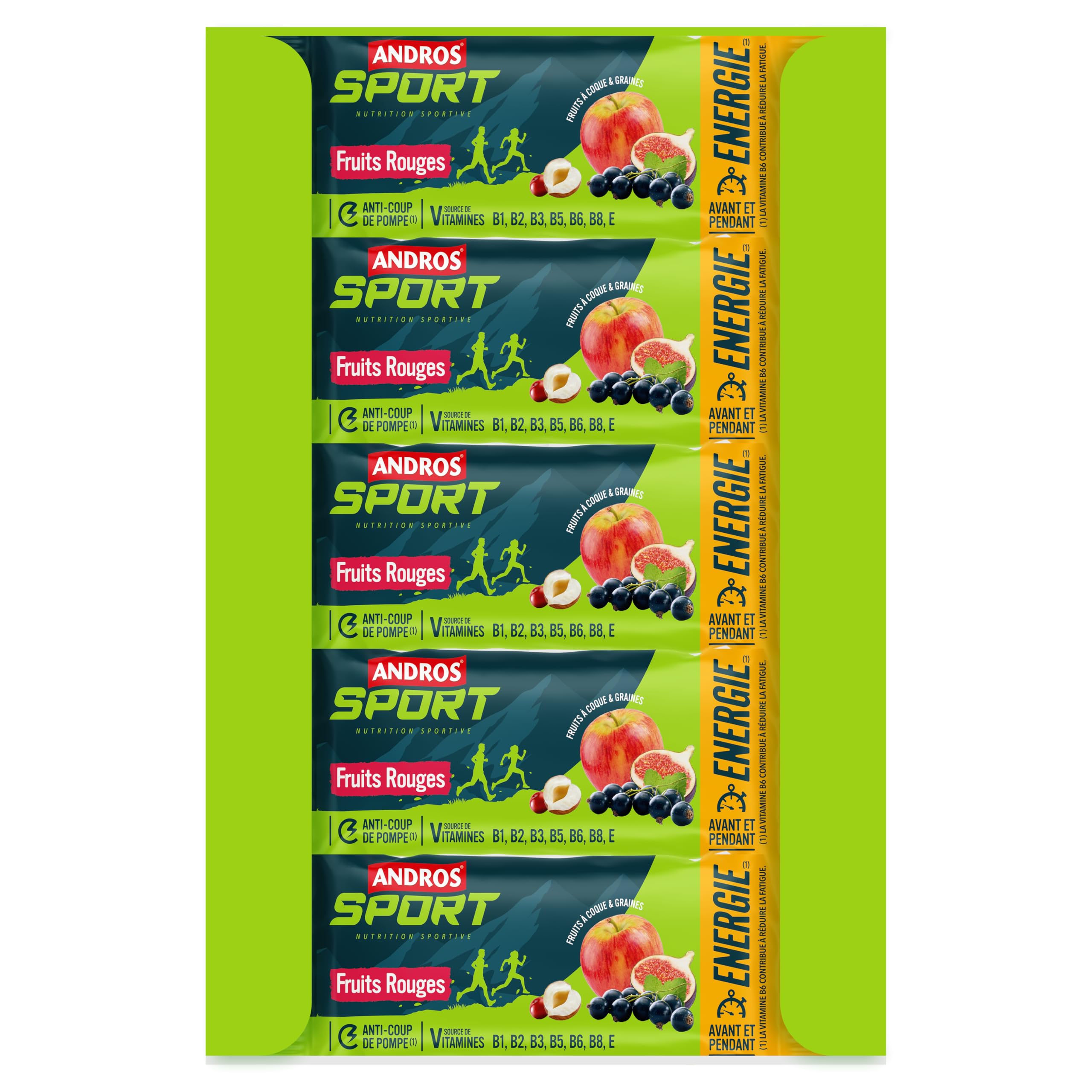 Andros Sport Barre Fruits Rouges - Source d'Energie Riche en Fruits - Avant et Pendant l'Effort - Encas Multivitaminé Sans Gluten - Lot de 16 barres individuelles de 40g