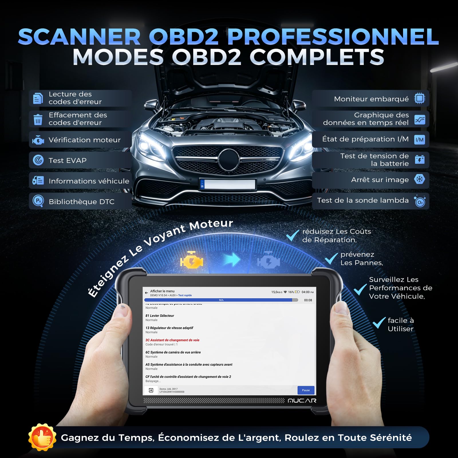 mucar 892BT Valise Diagnostic Auto, Diagnostic Intelligent par IA, Bi-directionnel, Codage en Ligne de l'ECU, Diagnostic Complet du Système, 34+ Services Réinitialisation, Guide V.A.G, CANFD&DOIP&FCA