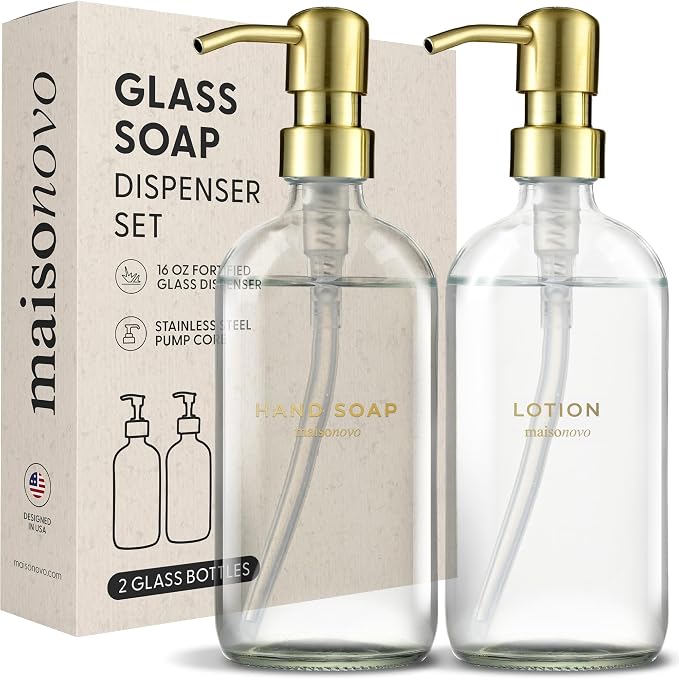 MaisoNovo Soap Dispenser 2-Piece Set | 16.9oz Clear Bottles with Gold Stainless Steel Pumps