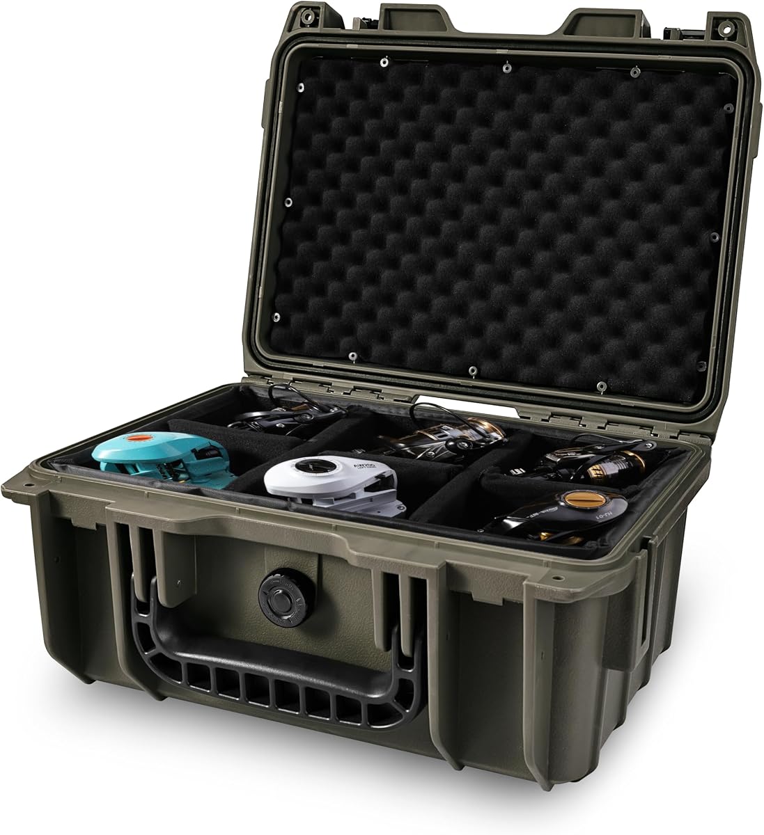13" Fishing Reels Storage Hard Case,Holds up to 6 Reels | Adjustable Shockproof Dividers,for Spinning Baitcasting Reels,Waterproof Lockable Fishing Wheel Protective Case Holder Box