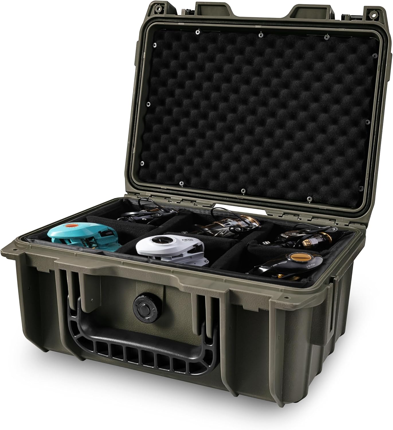 Fishing Reels Storage Case 13 Inches,Heavy Duty Waterproof Fishing Wheel Protective Hard Case, Tackle Collection Holder Box, 6pcs Adjustable Shockproof Dividers (Green)