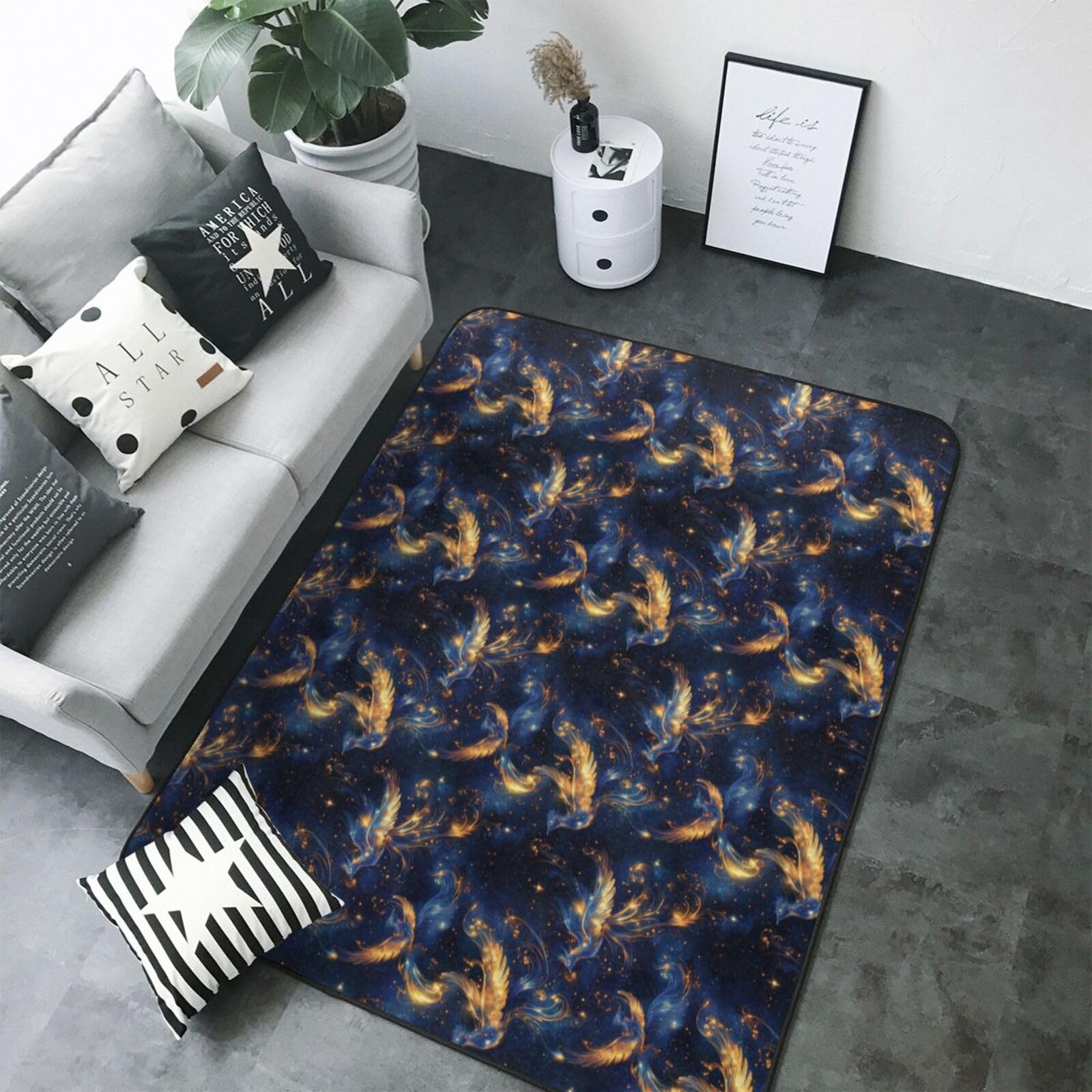 Grand tapis de salon bleu doré 147x203 cm lavable et antidérapant