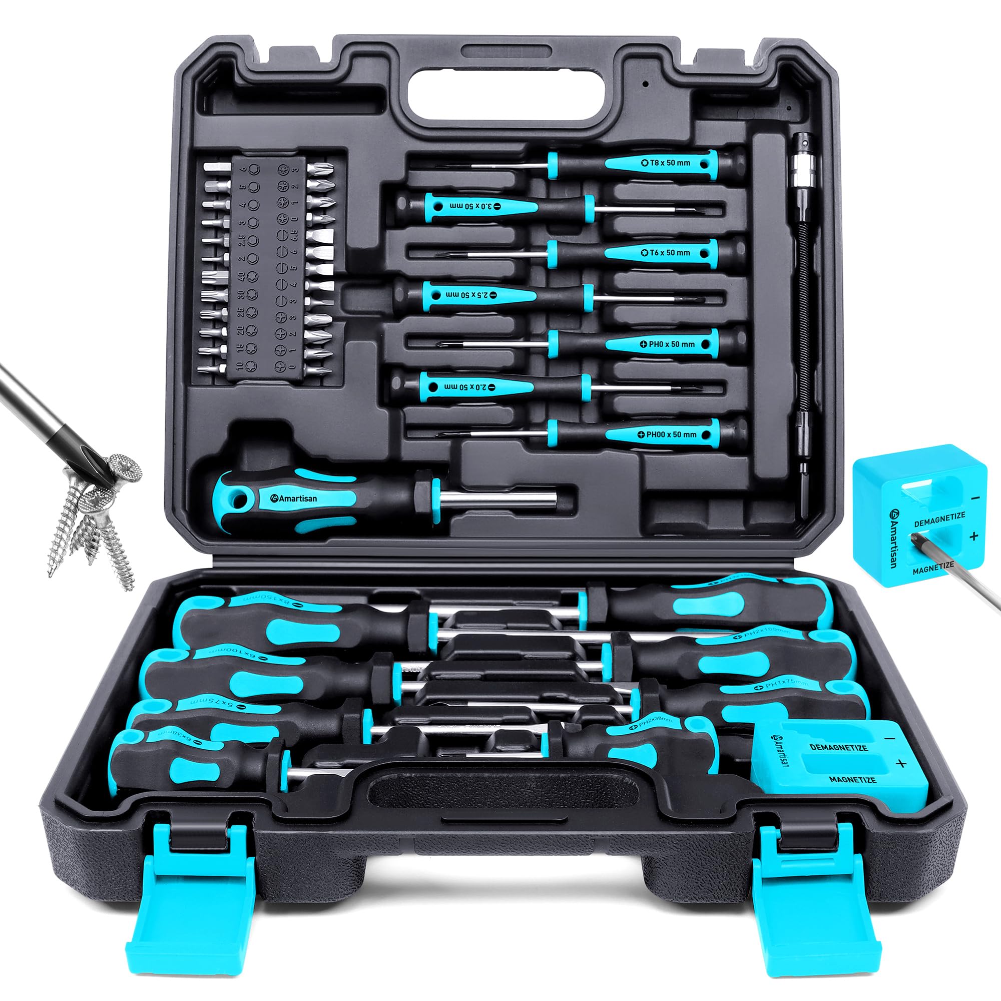 Magnetic Screwdrivers Set with Case, Amartisan 43-piece Includs Slotted, Phillips, Hex, Pozidriv,Torx and Precision Screwdriver Set, Magnetizer Demagnetizer Tools, Tools for Men (Blue))