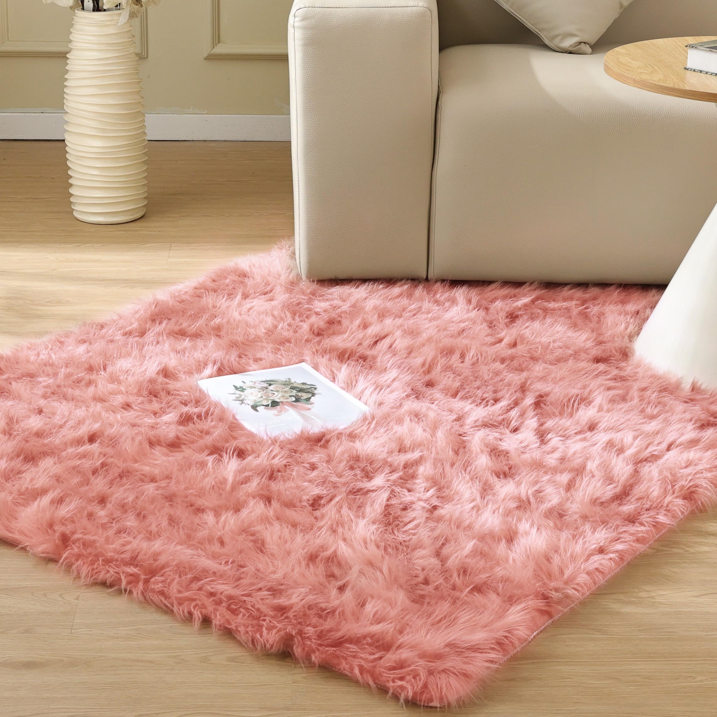 Pink Shag Faux Sheepskin Washable Fur Rug for Living Room Bedroom Furry Area Rug 4x6 Rectangle Rug Nursery Decor Girl