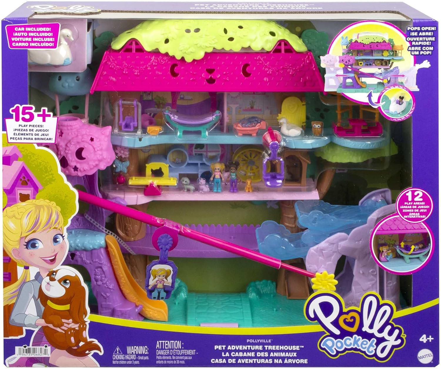 Polly Pocket Doll House with 2 Micro Dolls, Toy Car & 15+ Accessories, Pet Adventure Treehouse Playset