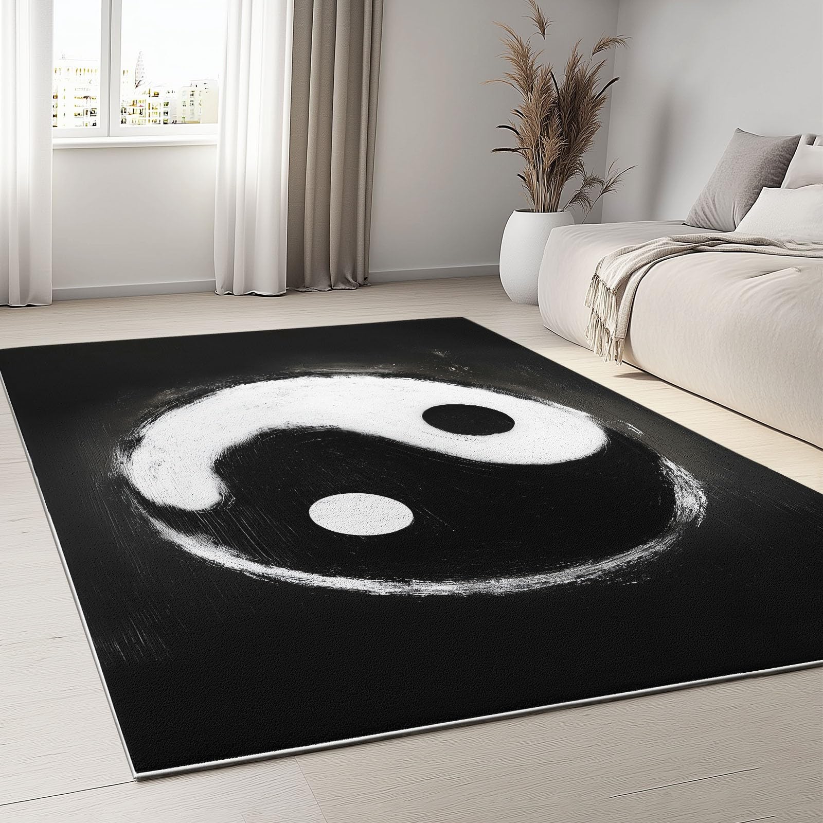 Tapis Yin et Yang noir et blanc 120x170 cm lavable et antidérapant