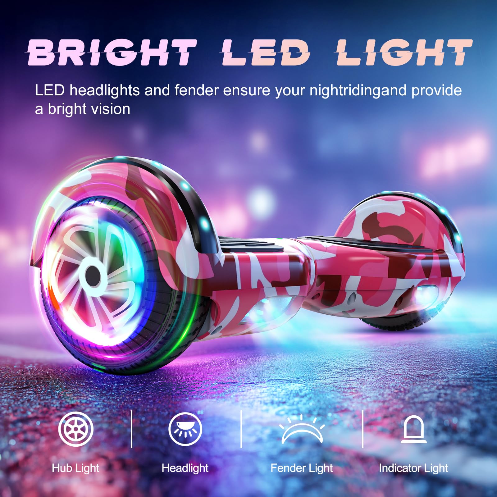 SISIGAD Trottinette auto-équilibrée de 6,5 pouces avec haut-parleur Bluetooth, roues et lumières LED | Balance HoverBoard | Rose camouflage
