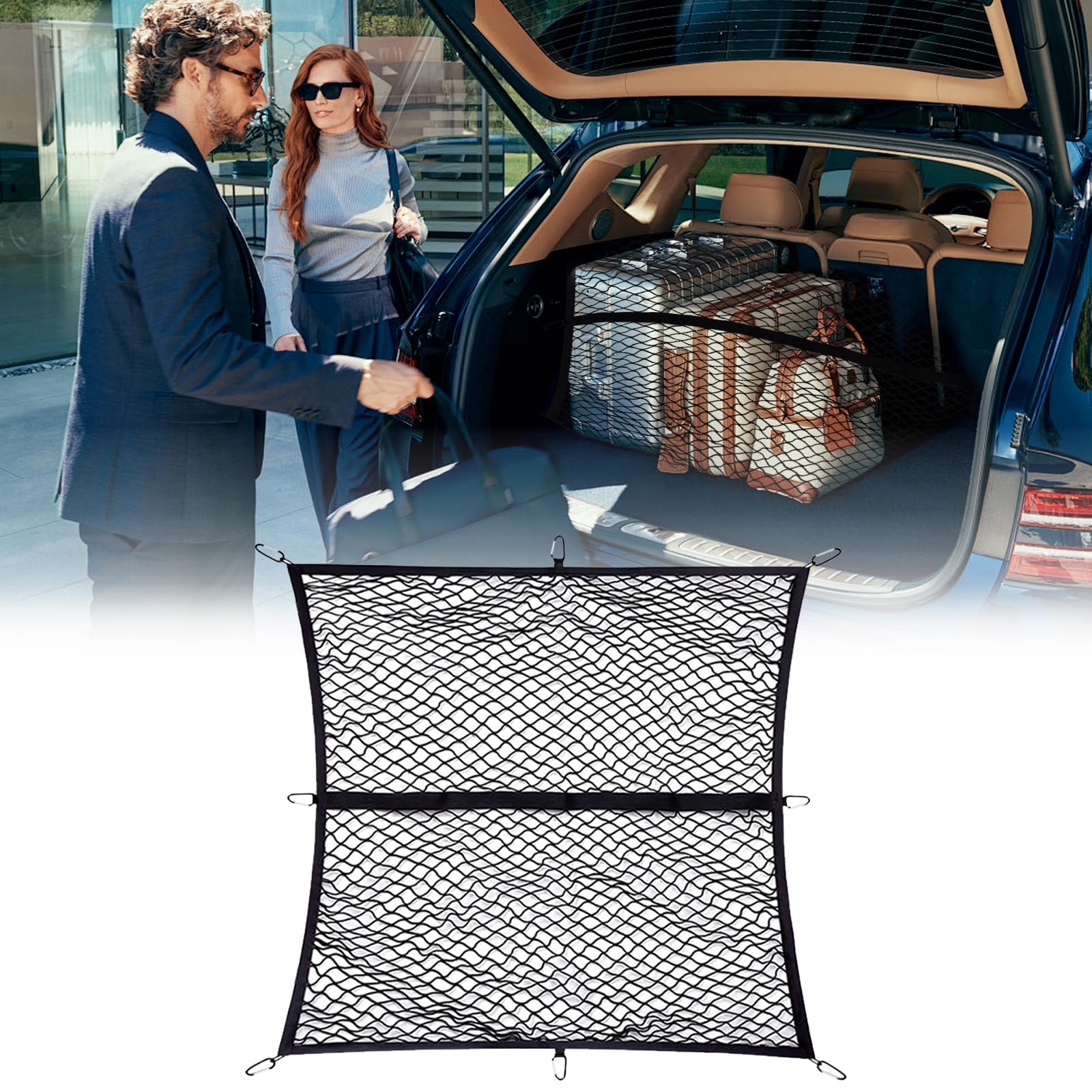 Filet de coffre de 1,2 x 1,2 m extensible jusqu'à 2,1 m x 2,1 m - Filet à bagages hautement élastique - Filet de sécurité pour coffre - Avec 8 mousquetons en acier - Pour la plupart des