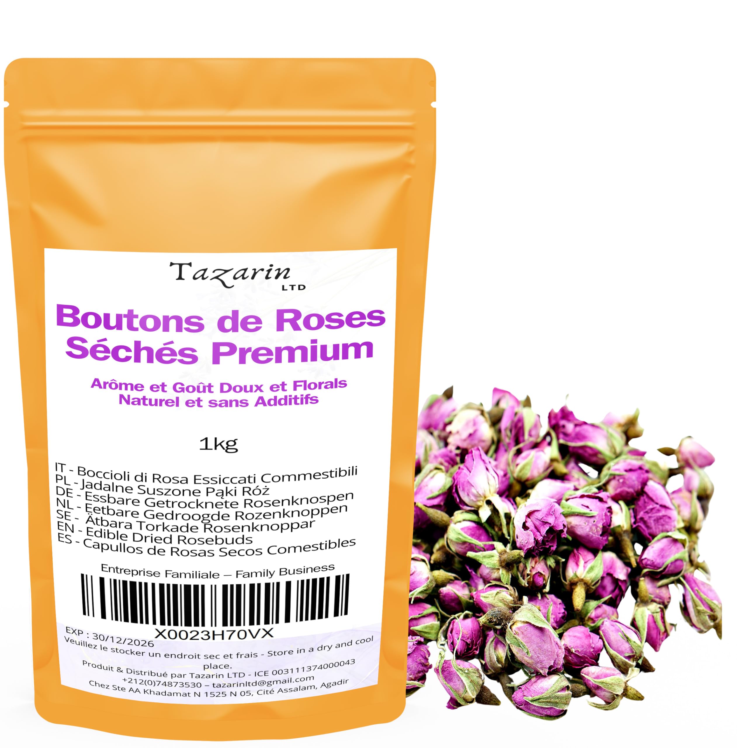 1kg Premium Speisepflanzen-Rosenknospen - Infusion aus getrockneten Atlas-Rosenblättern - Süßer und blumiger Geschmack und Aroma - 100% natürlich, rein und ohne Zusatzstoffe | TazarinLtd
