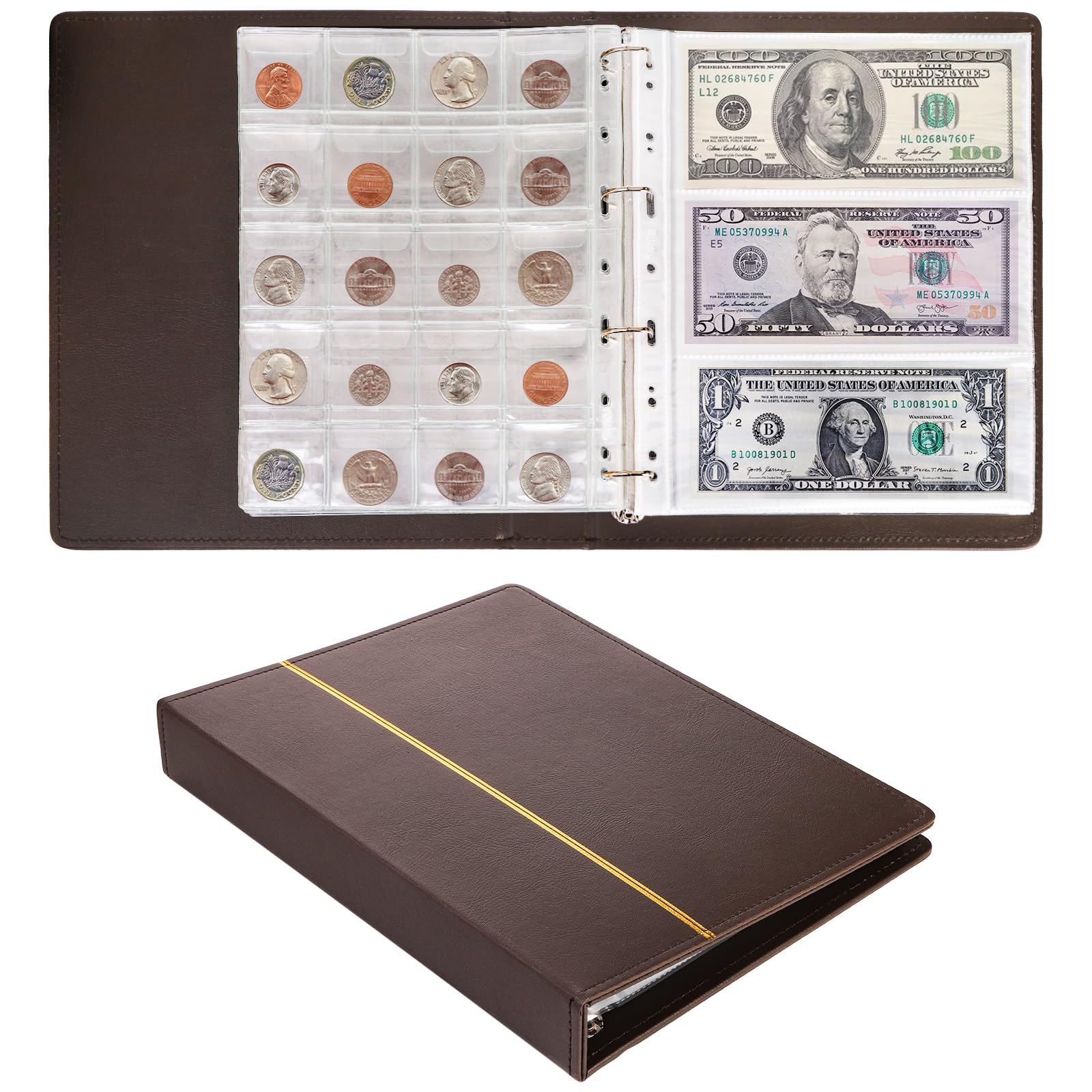 Jucoan 360 Pockets Coin Currency Collection Book Holder for Collectors, 300 Pockets Coin Collection Album and 60 Sleeves Paper Money Banknote Binder, Coin Currency Collection Supplies, Brown
