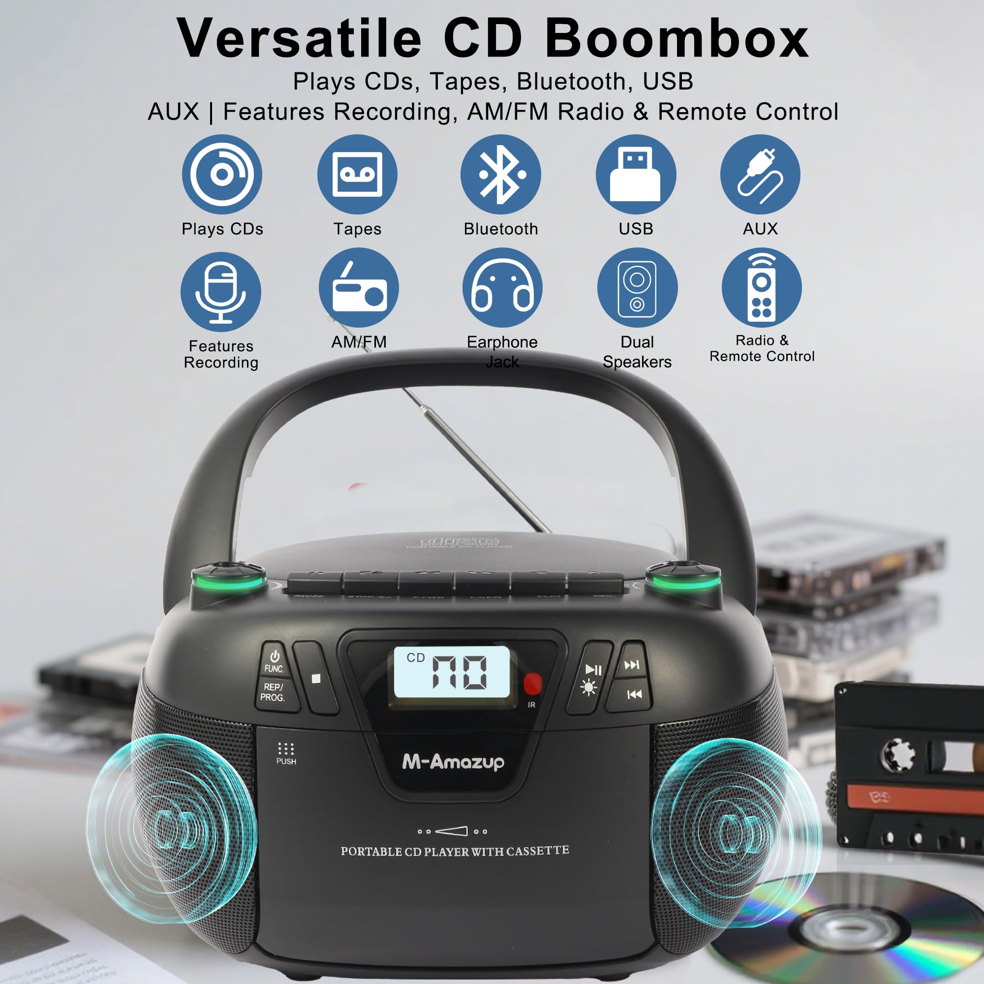 M-Amazup Boombox CD Player Portable Cassette Player with CD MP3 Bluetooth AUX TF/USB AM/FM Radio AC/DC Powered with Remote Control, Headphone Jack, Stereo Sound for Home,Kids,Gift(Black)