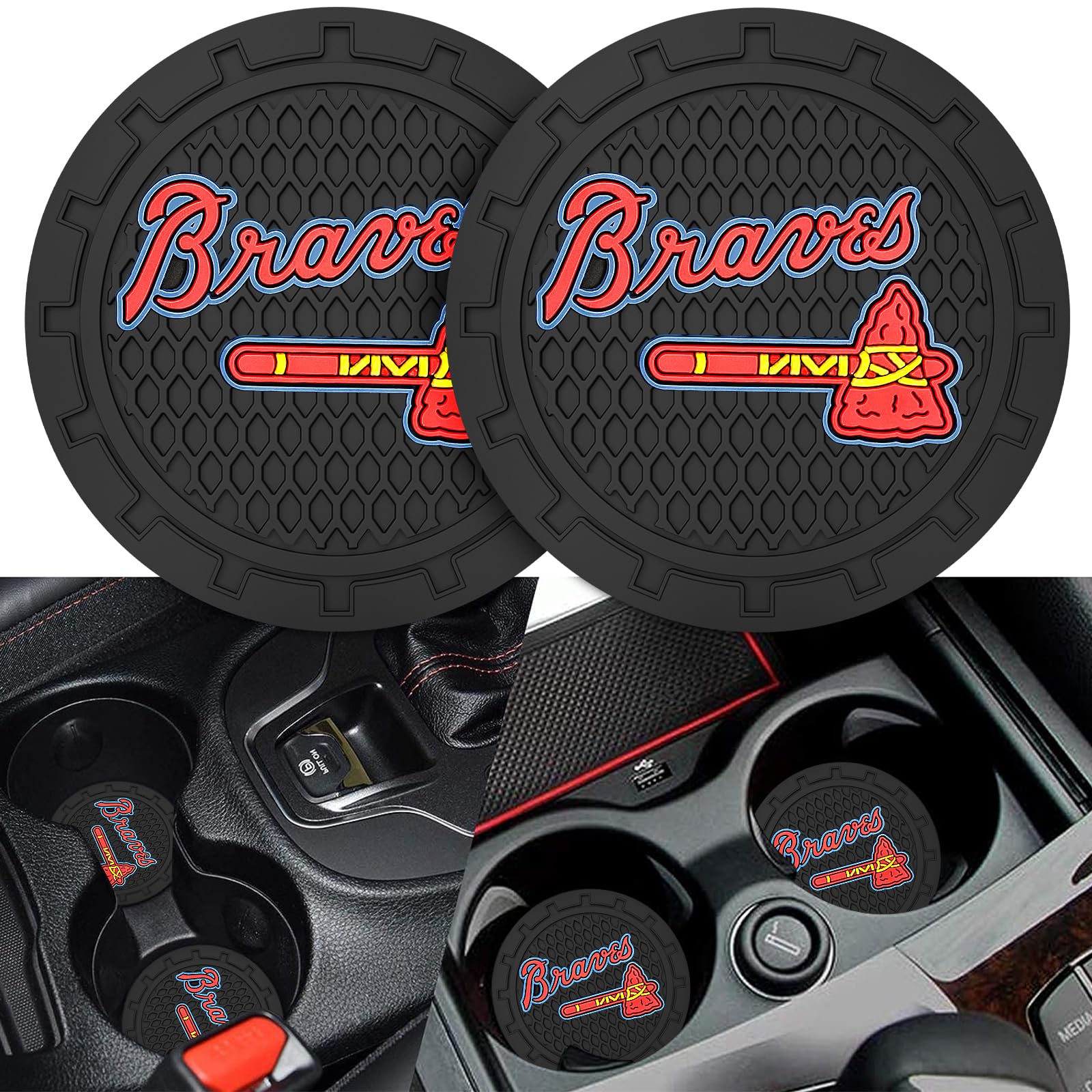 2PCS Car Cup Holder Coaster Auto Cup Holder Insert Coaster for Atlanta Braves Baseball Fans Non-Slip Car Drink