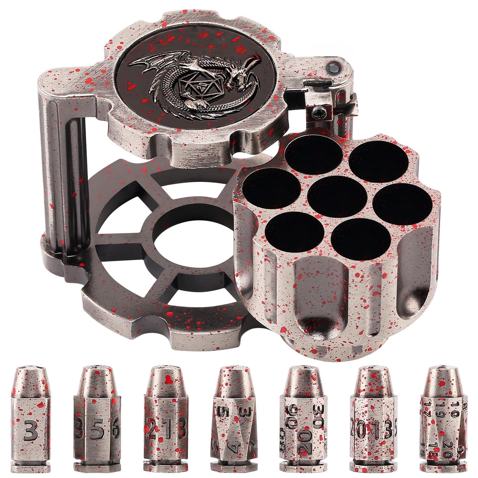 Polyhedral Dice Set, Metal Polyhedral Bullet Set 7 Metal Bullet Dice with Spinning Revolver Cylinder Dice Case for TRPG Board Games, Silver