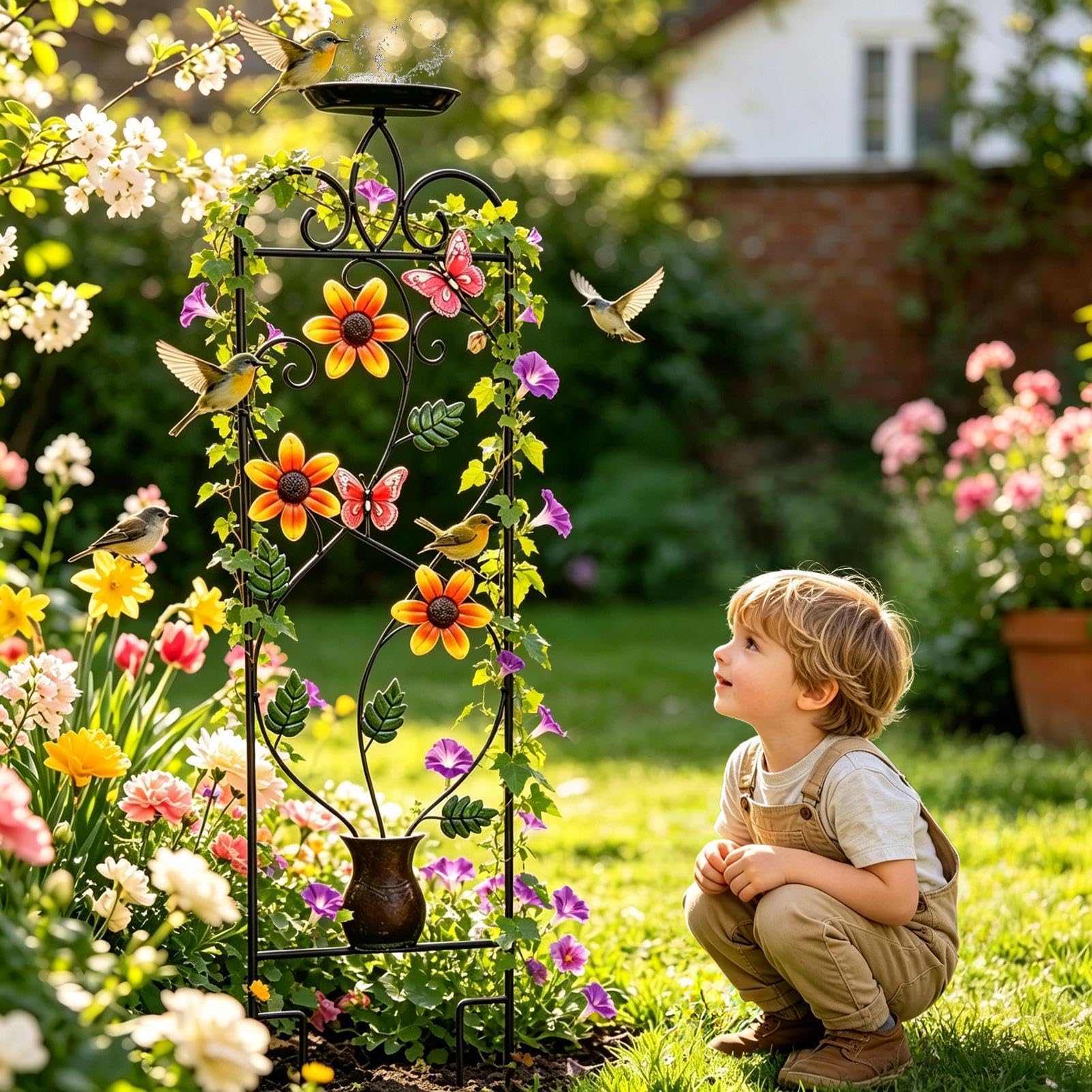 Metal Trellis Soporte de Jardín Resistente a la Intemperie | Enrejado Alto con Bebedero para Aves para Flores Enredaderas Verduras Bancal Jardín Patio