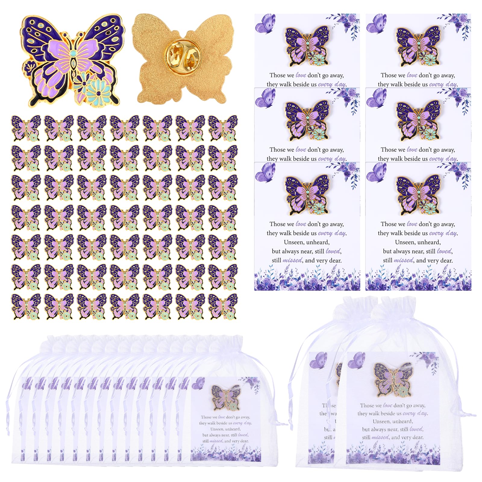 Funeral Favors for Guests,Celebration of Life Decorations,Purple Butterfly Pins Brooch with Cards & Bags