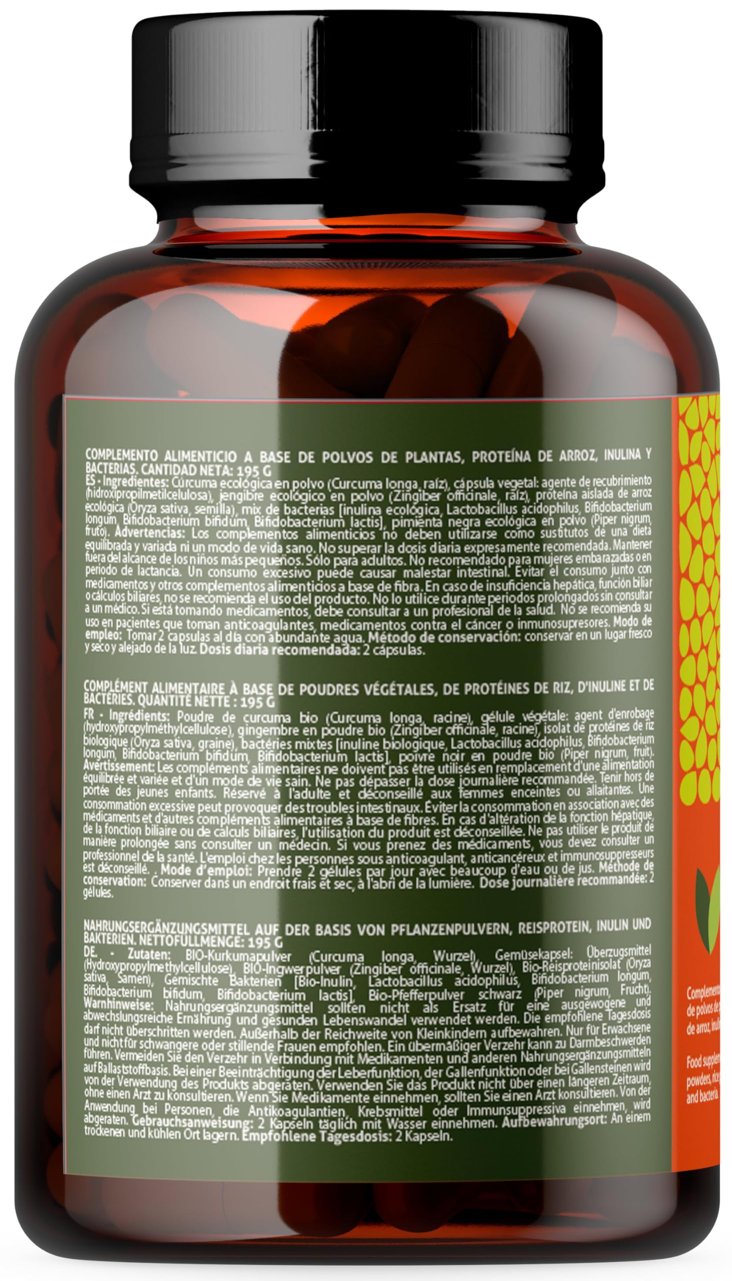 Cúrcuma con Jengibre y Pimienta Negra Bio – 250 Cápsulas con Probióticos (200 millones de UFC) y Prebióticos (Inulina Orgánica) – Curcumina y Piperina – VEGAGENO