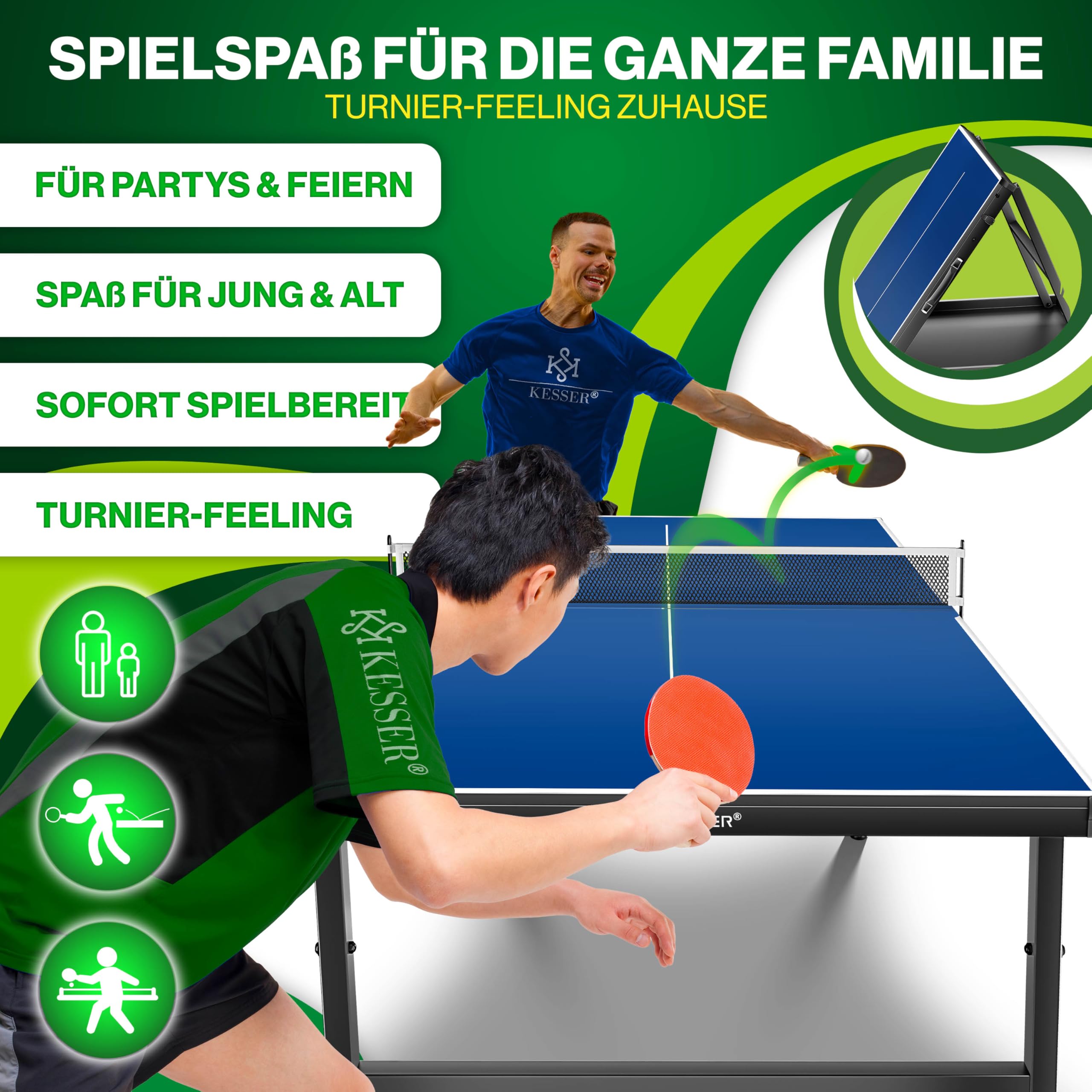 KESSER Mini tavolo da ping pong per esterni, con set di racchette da ping pong, palline da ping pong e rete T, resistente alle intemperie, laminato, pieghevole, per viaggi, design a valigia, 153 x - 4