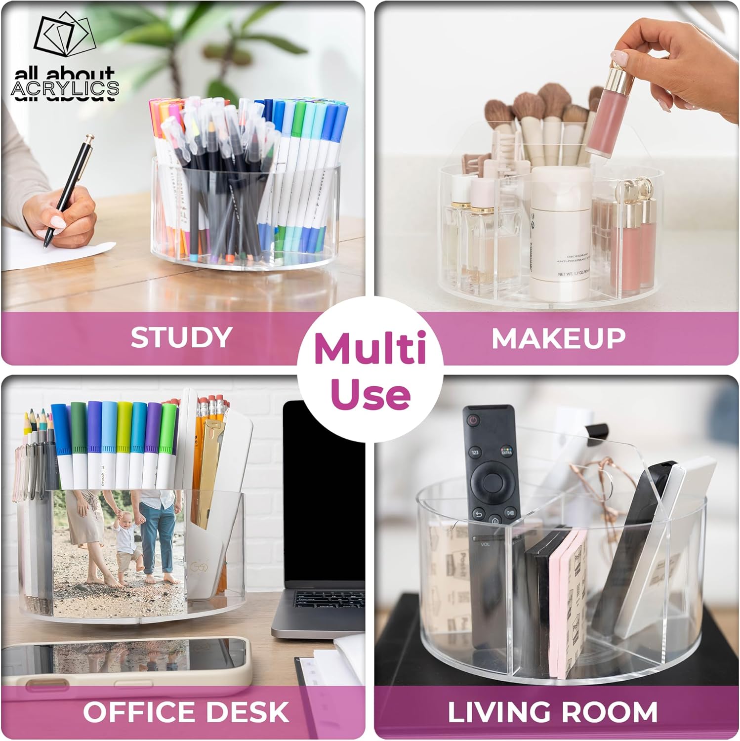 Acrylic Marker Organizer - Multipurpose 360 Rotating Holder for Pencil, Pen, Makeup Brushes, Crayon, Arts and Crafts Supplies - Clear Spinning Lazy Susan Non-Slip Organizing Caddy with Photo Slots image 3 of 6 B0DXNFF6B4