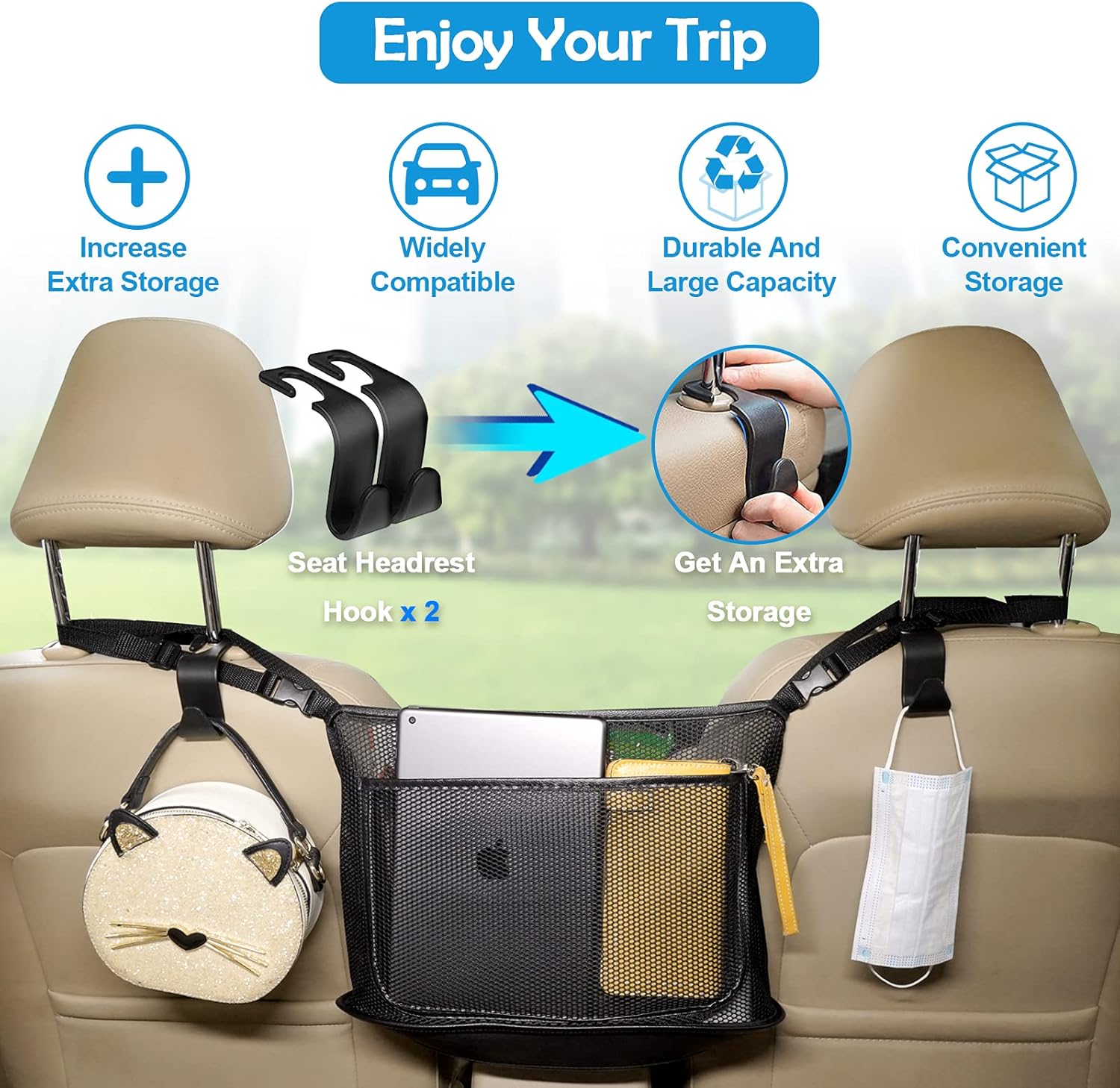Car Net Pocket Handbag Holder Between Seats   Upgraded Car Net Purse Phone Holder for Front Seat, Car Storage Net Bag Holder for Women Driver Storage Netting Pouch Barrier of Backseat Pet Kids, with 2 Seat Headrest Hooks Photo