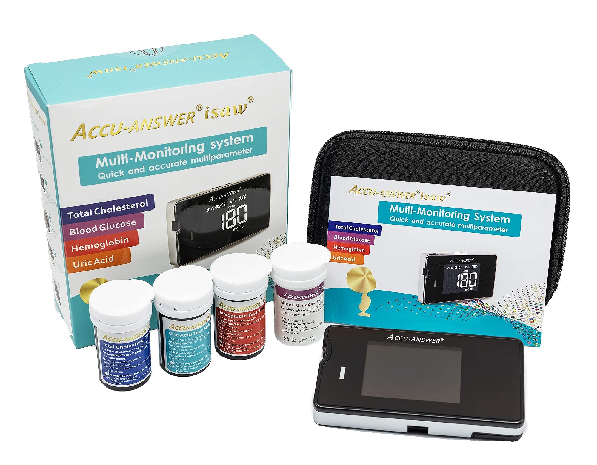 Accu-Answer Blood Glucose Cholesterol Uric Acid and Hemoglobin Monitoring Device