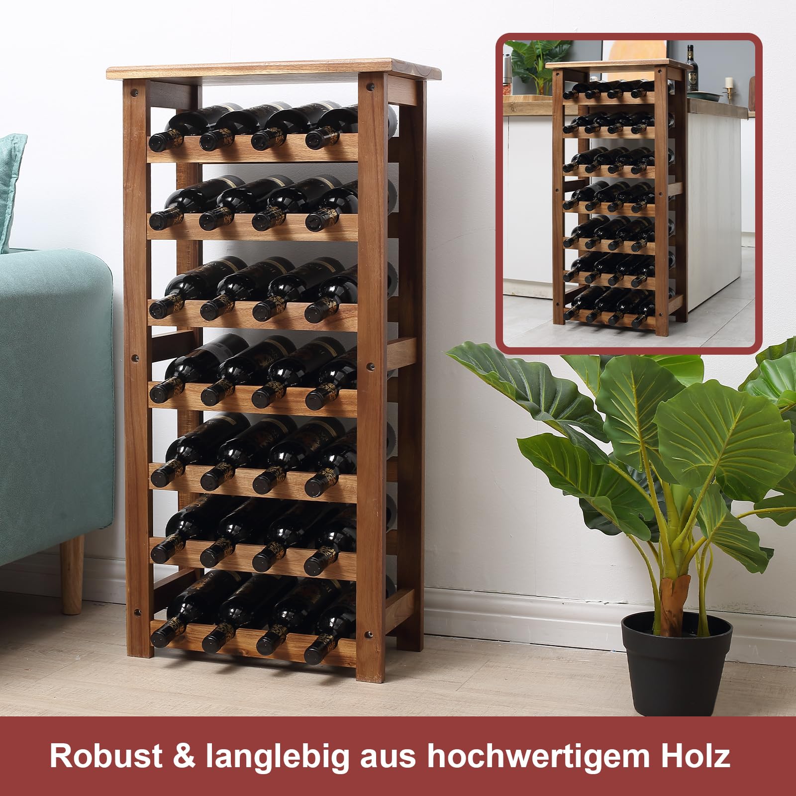 jalz jalz Weinregal Akazienholz für 28 Flaschen - Stabiles Modulares Flaschenregal Holz Erweiterbar - Weinständer für Keller, Küche, Gastronomie, Bar - Platzsparende Weinaufbewahrung Natur
