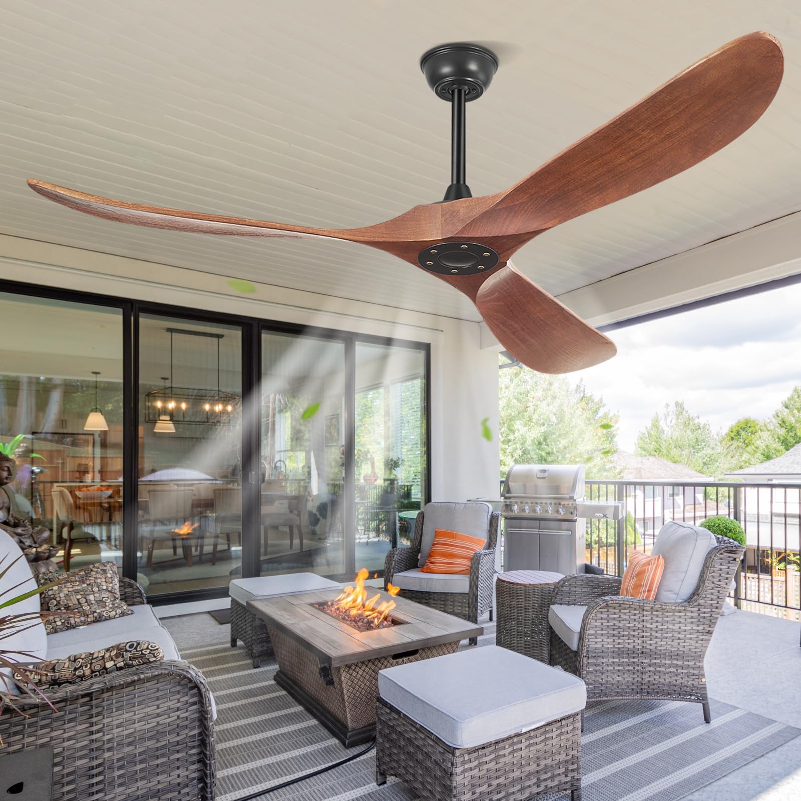 52 Inch Ceiling Fans Without Lights, Indoor/Outdoor Ceiling Fan No Light, 3 Solid Wood Blades, 3 Downrods, Timer, Quiet DC Motor, 6 Speeds Modern Fans with Remote for Patios Bedroom, Dark Walnut