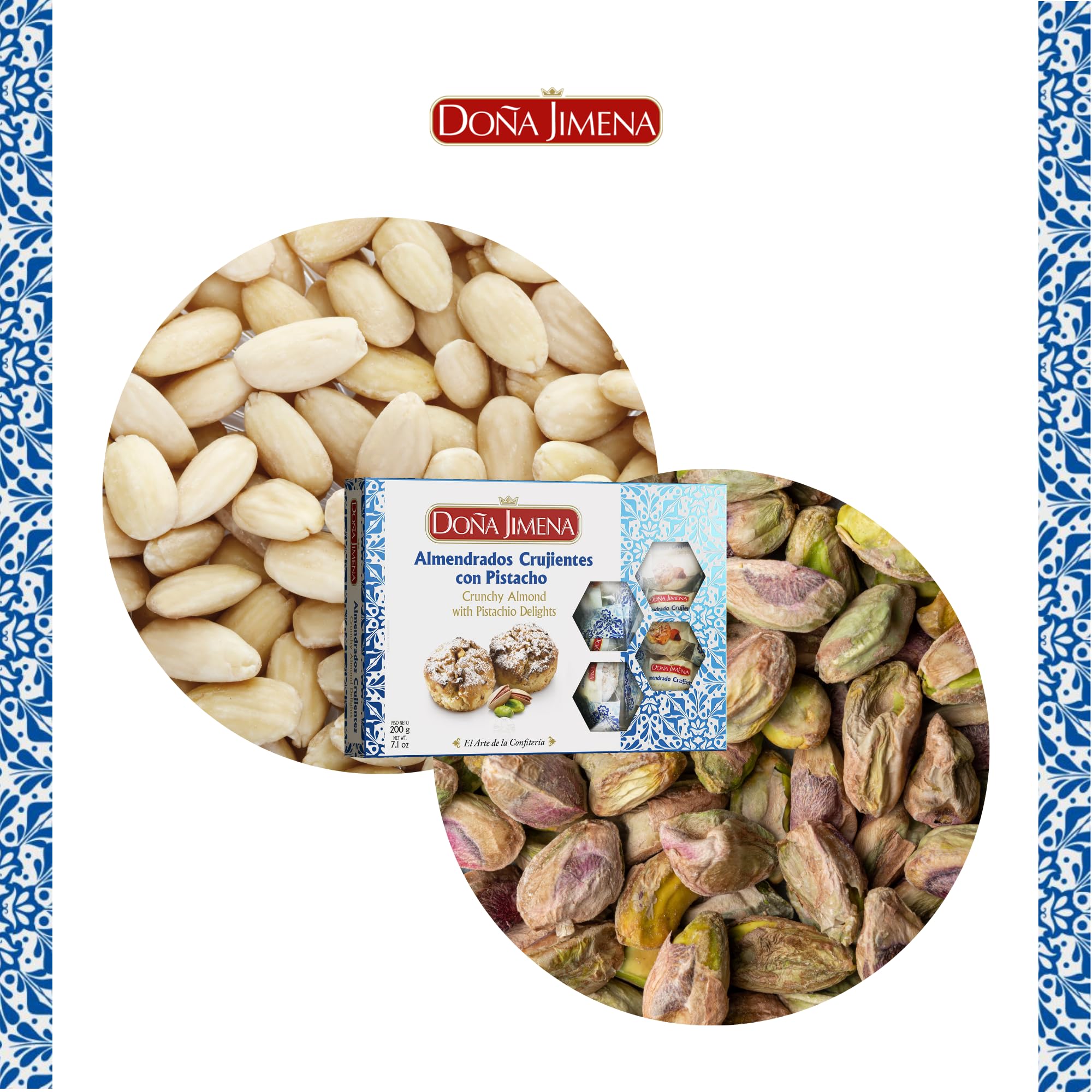 DOÑA JIMENA - Almendrados Crujientes con Pistacho, 200 g, Textura Crujiente con Pistacho y Almendra Tostada, Envasados Individualmente, Dulce Tradicional Español, Calidad Suprema