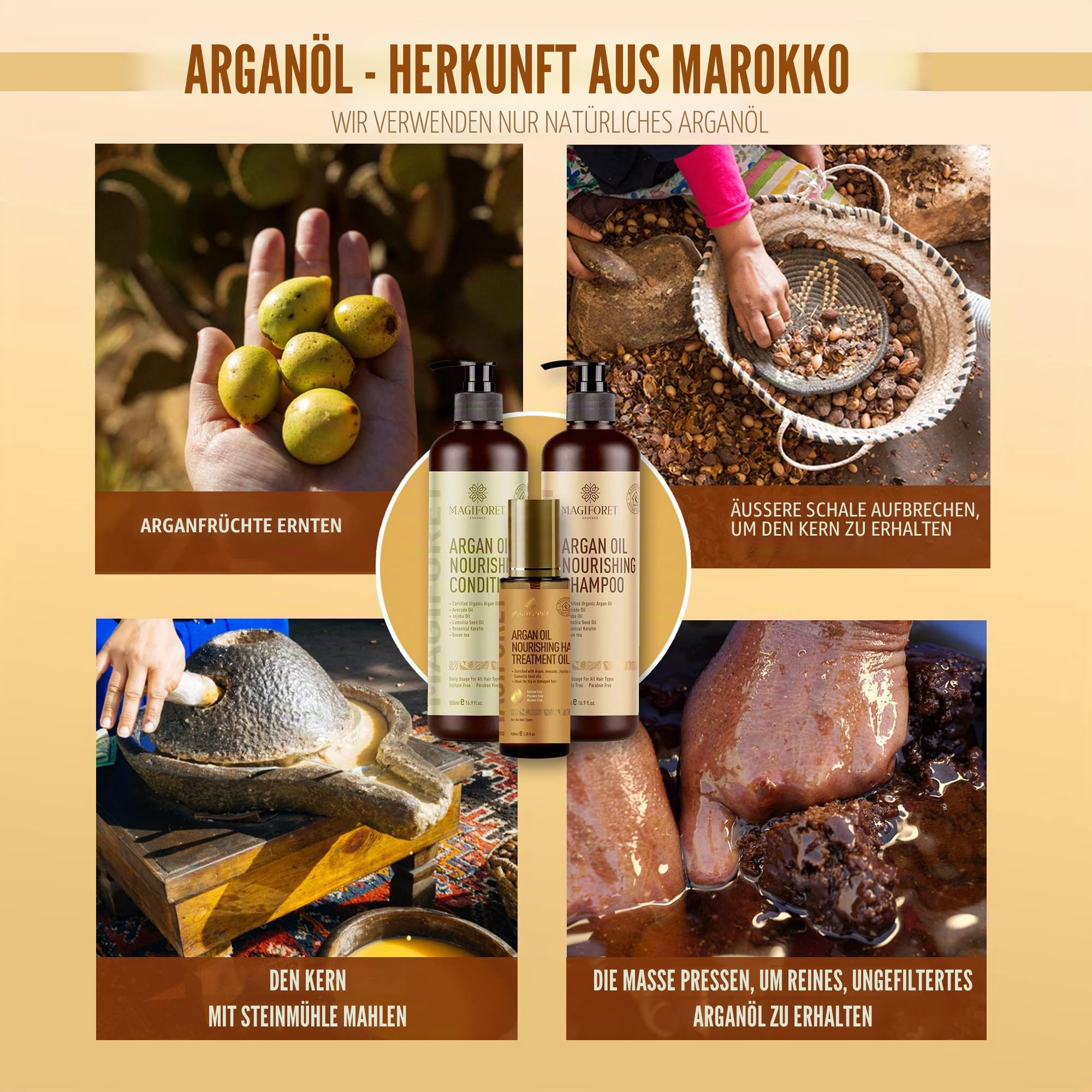 MagiForet Haarpflege Set mit ArganölShampoo 500ml + Conditioner 500ml + Haarserum 100ml, Anti Frizz, Sulfatfrei, Parabenfrei –pflegt Locken, krauses und farbbehandeltes Haarweich und geschmeidig